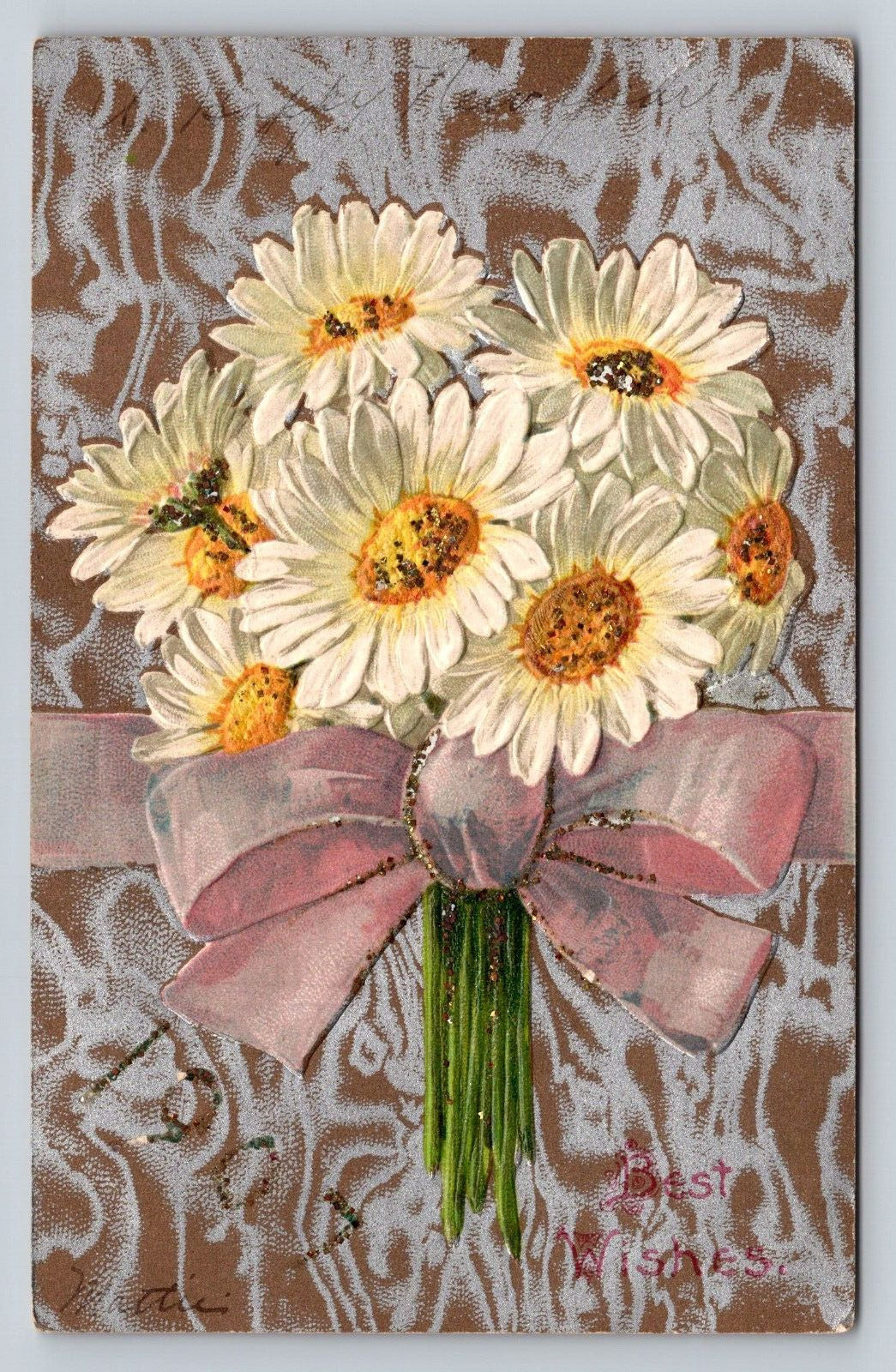 1907 Silver Antique HandPainted Glitter Postcard Daisies Pink Bow Flower Bouquet