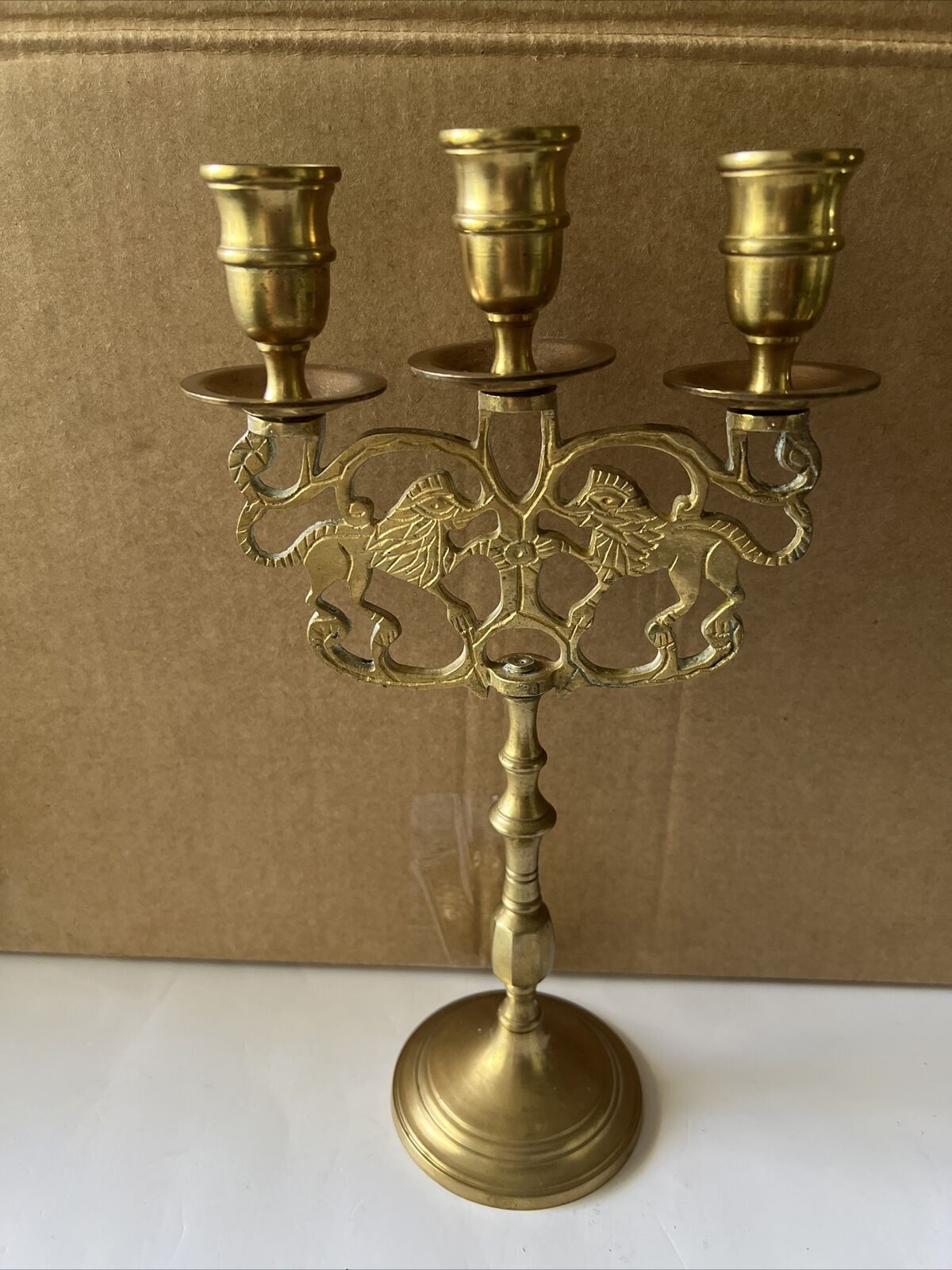 Vintage Genuine Brass Triple Candelabra, 11.5”Tall. Etch Carvings Lions Of Judah