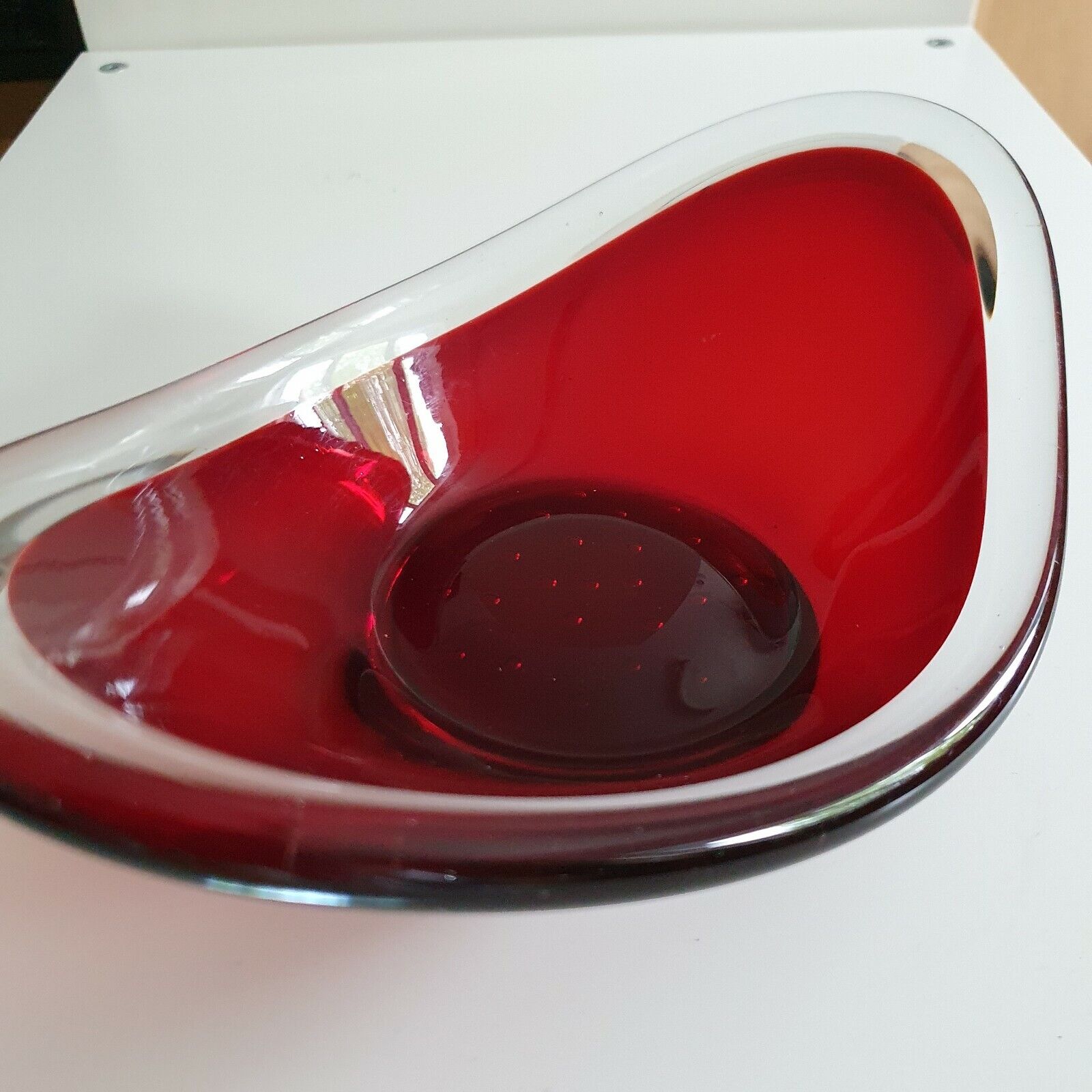 Vintage Red Scandinavian Freeform Art Glass Bowl 1960s Boat Dish Murano MCM