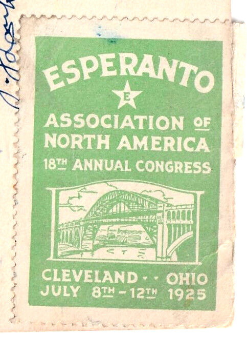 Stamp On Postcard Back 1925 Congress ESPERANTO of NORTH AMERICA Cleveland Ohio