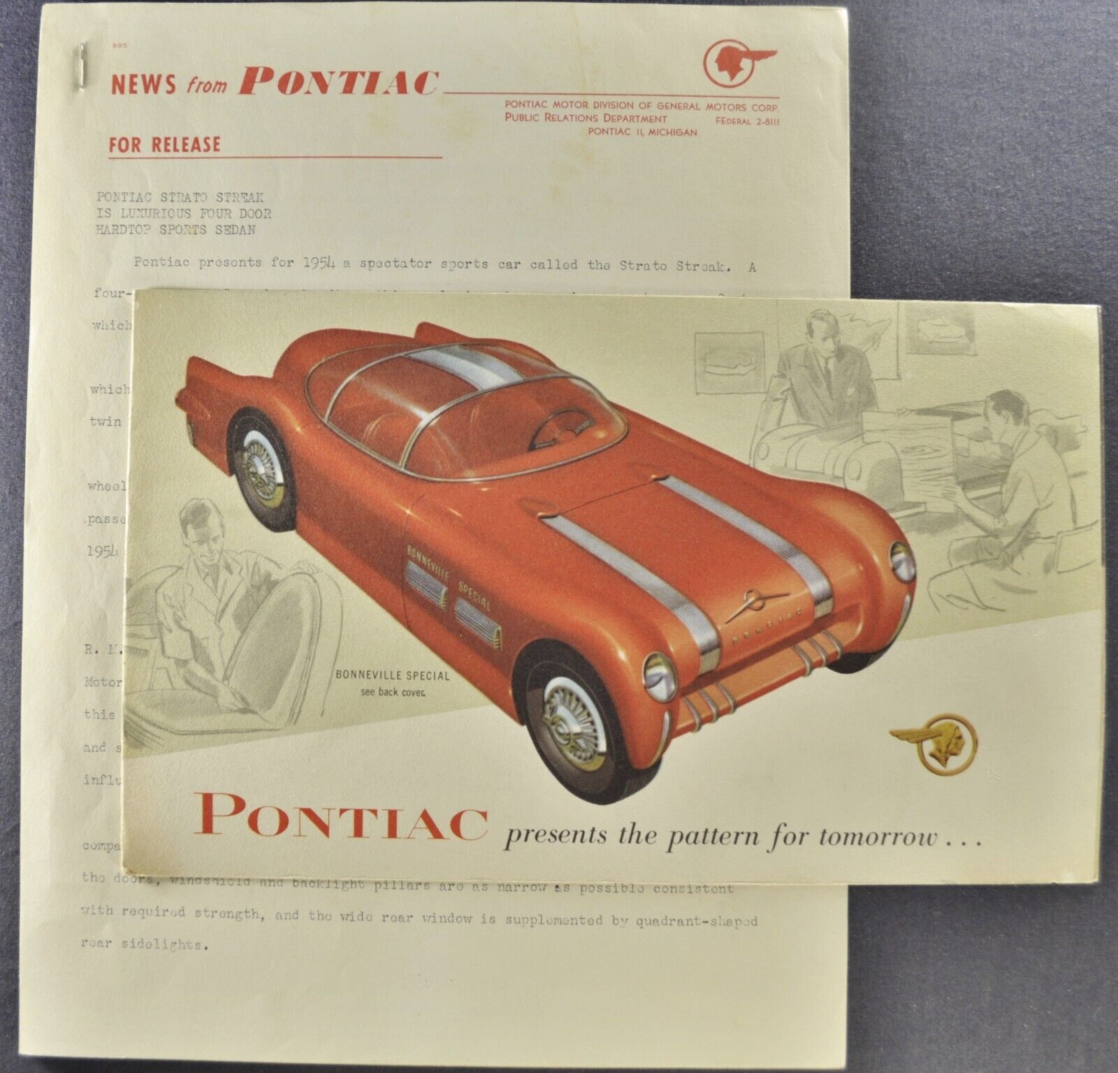 1954 Pontiac Brochure Bonneville, Strato-Streak +PR Sheet Excellent Original 54