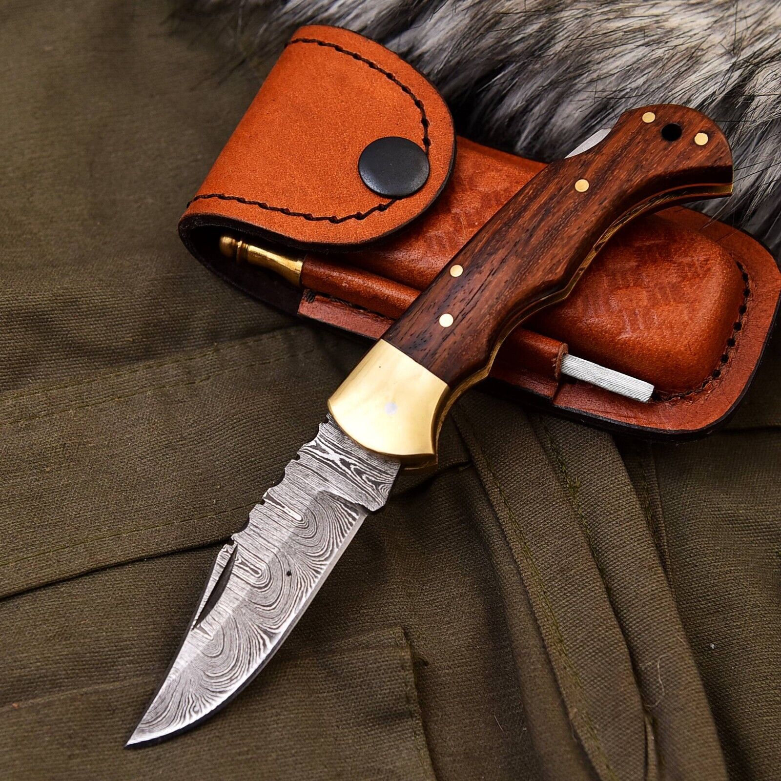 Custom Handmade Damascus Pocket Knife Folding Knife With Leather Sheath EDC