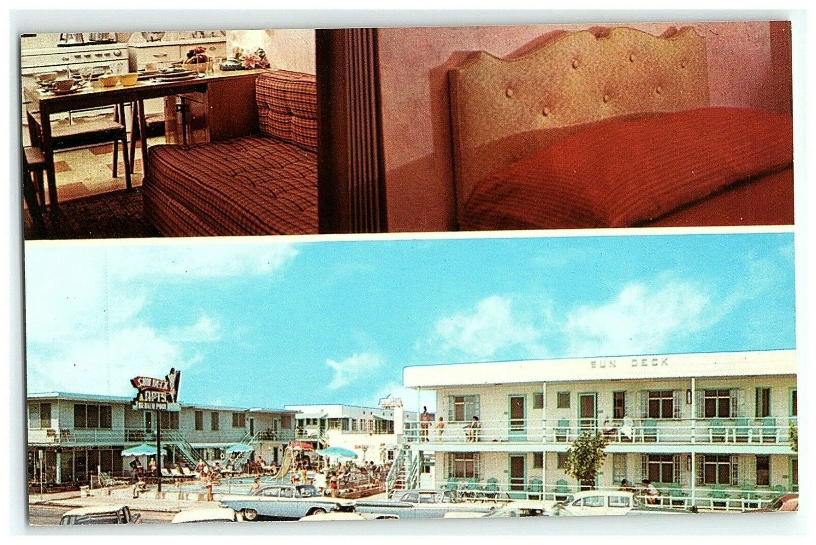 1963 Sun Deck Apartments Wildwood By Sea Postcard NJ 3 View Interior Pool Cars