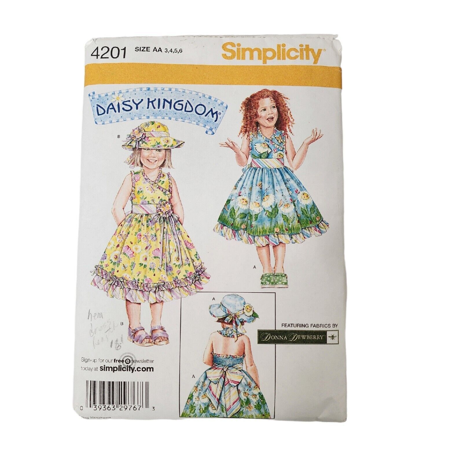 Girls Uncut Simplicity 4201 Daisy Kingdom Pattern Sun Dress & Hat AA 3 4 5 6