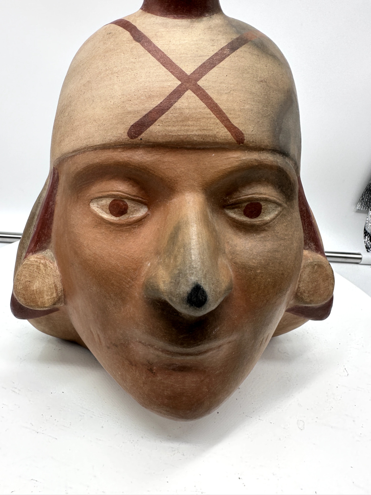 Vtg Peruvian Moche Portrait Head Stirrup Spout Vessel Museum Reproduction - 11\