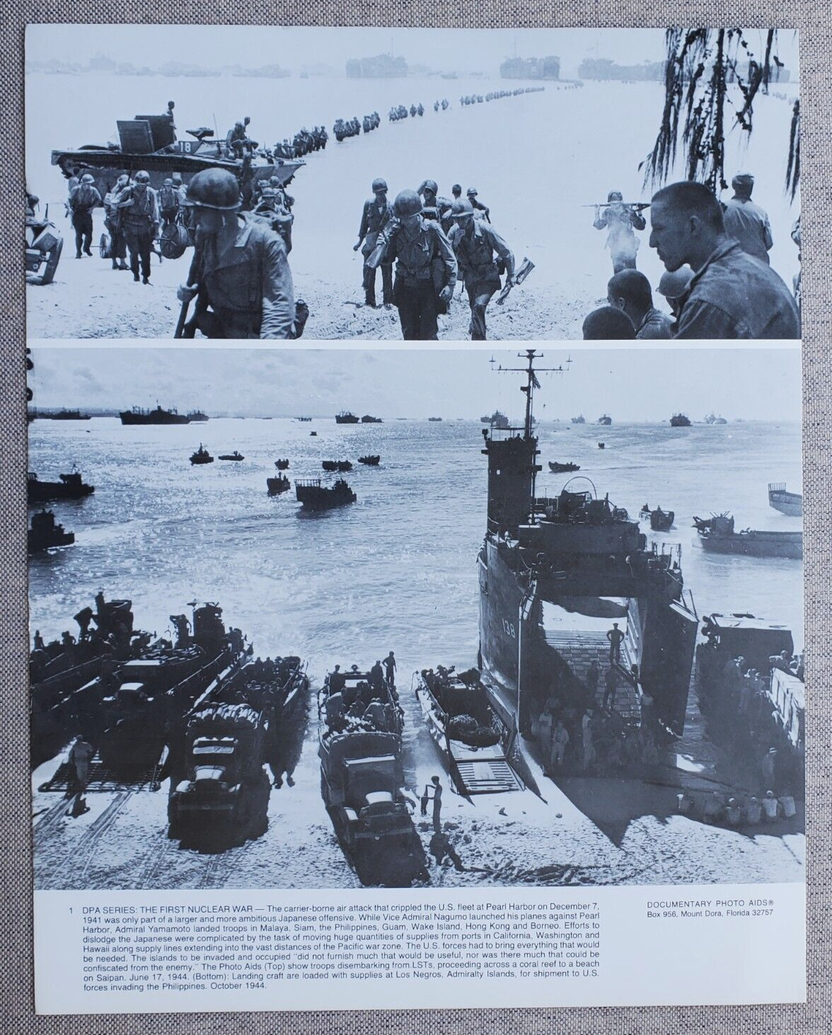 11x14 PHOTO WWII AMERICAN TROOPS ARRIVING IN SAIPAN / LANDING CRAFTS PHILIPPINES