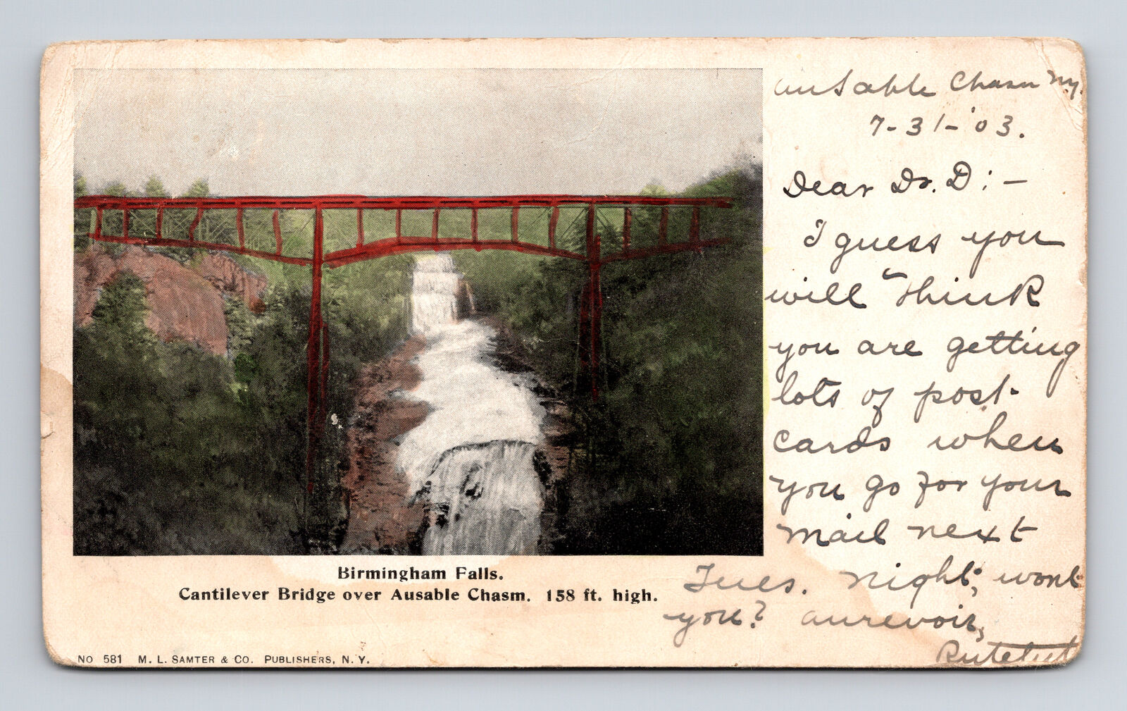1903 UDB Postcard Ausable Chasm NY New York Birmingham Cantilever Bridge