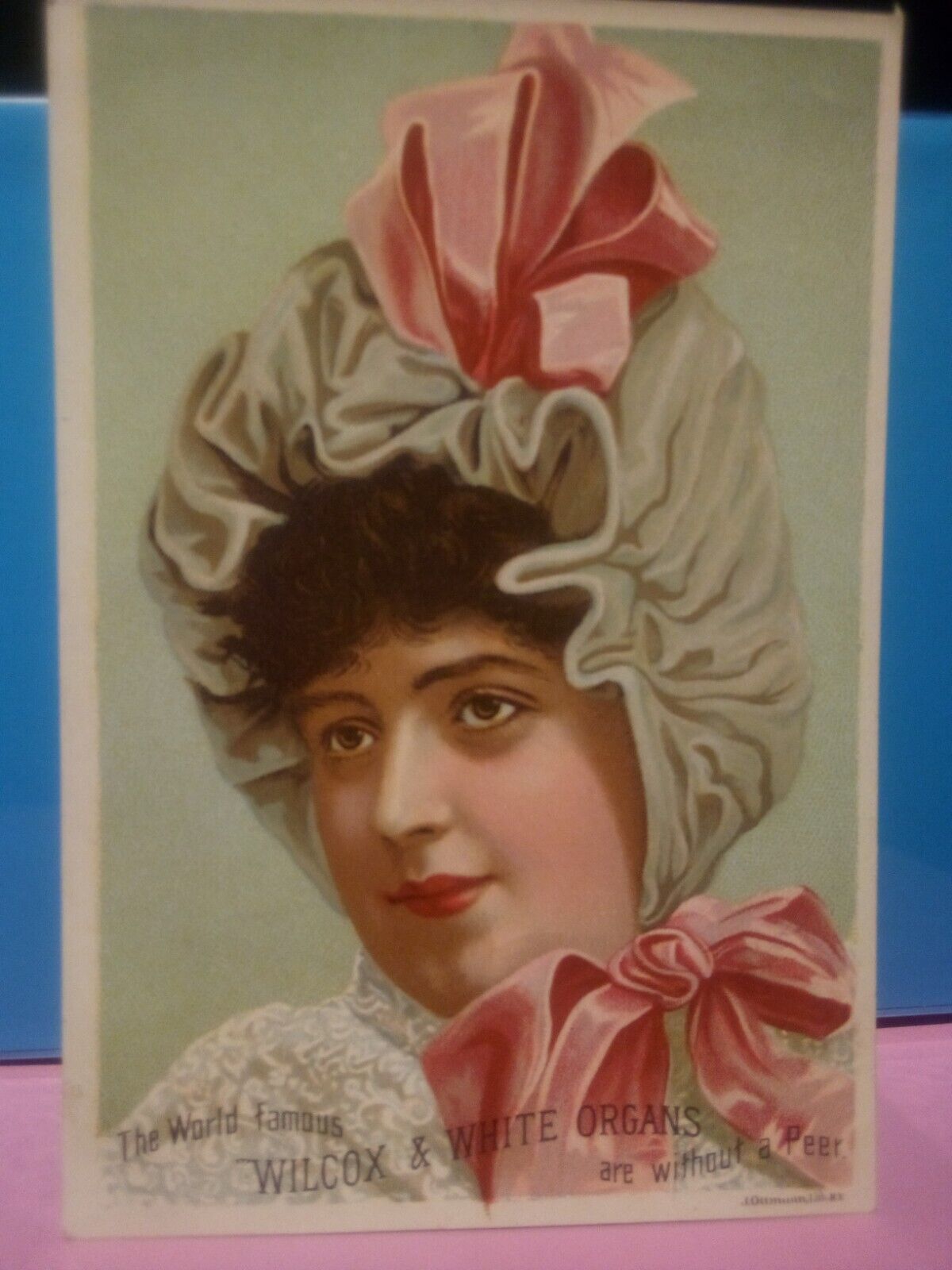 Wilcox & White Organ Co. toledo ohio woman pink Bows large Victorian Trade Card 