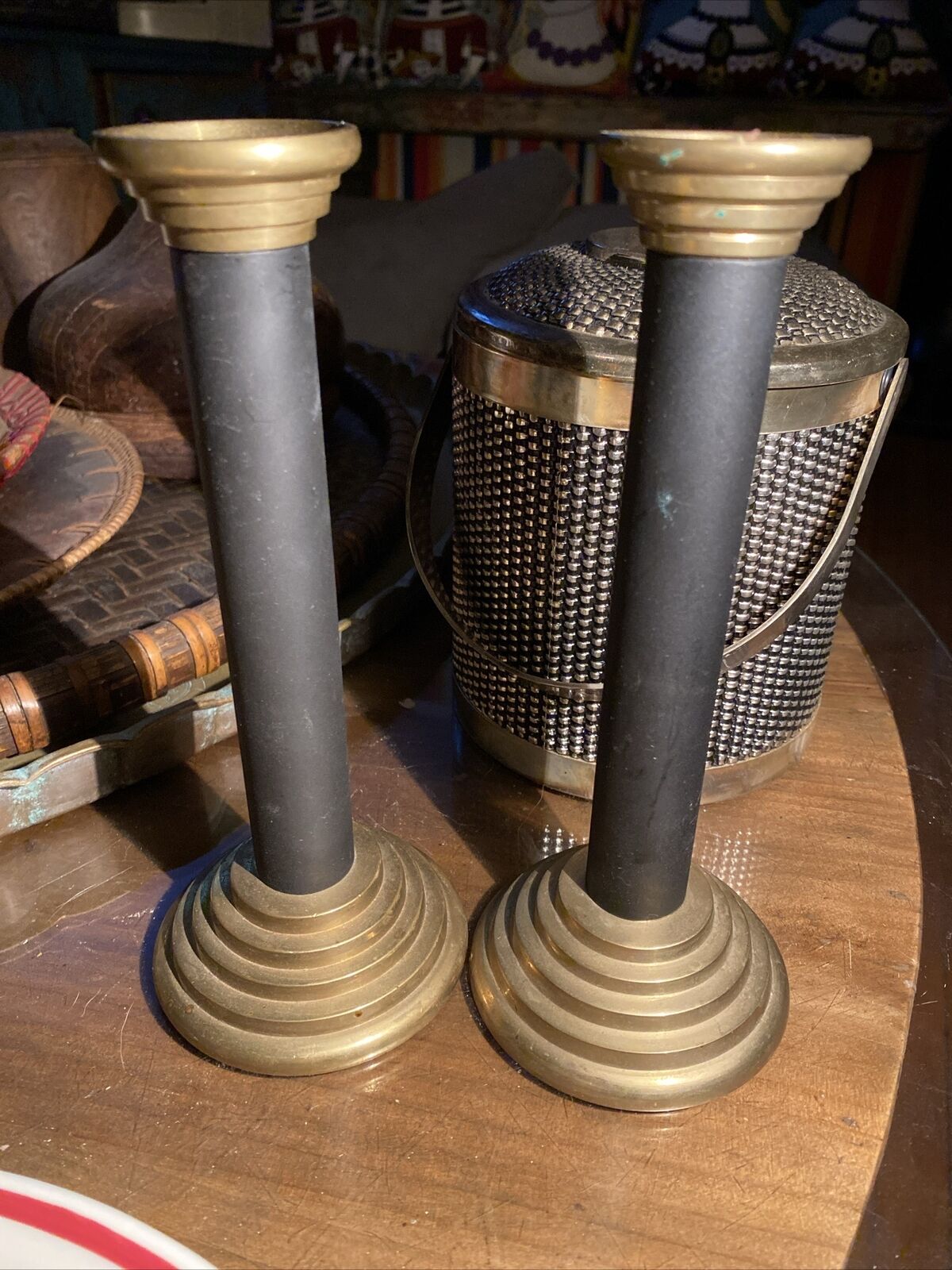 Vintage Brass Pillar Candlesticks Mid Century Modern / Deco India RIT 8”