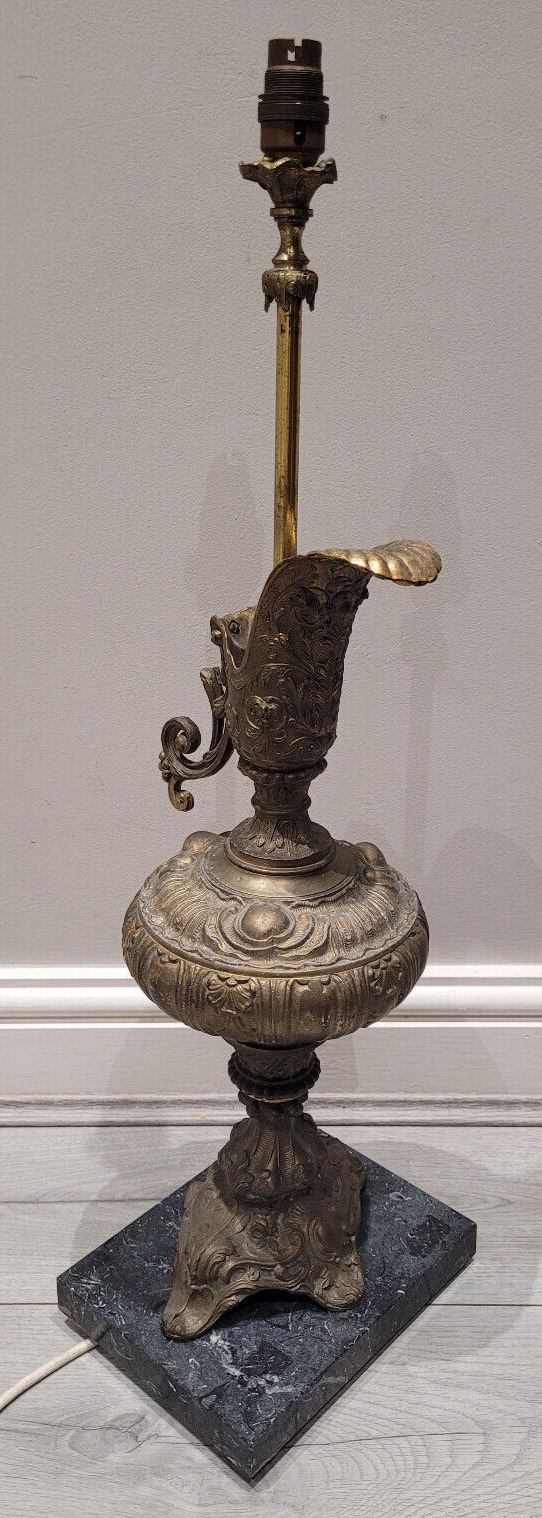 Antique 19th Century c1880’s Solid Brass Ewer Table Lamp with Grey Marble Base