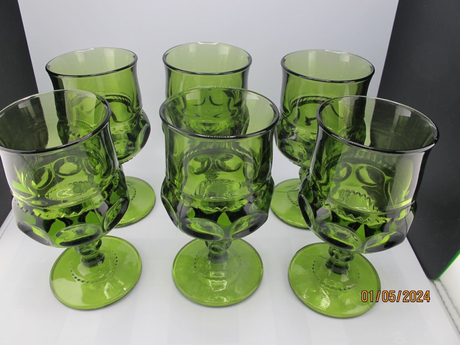 6 Avocado Green Vintage Indiana Glass Kings Crown Wine/ Water Goblets MCM