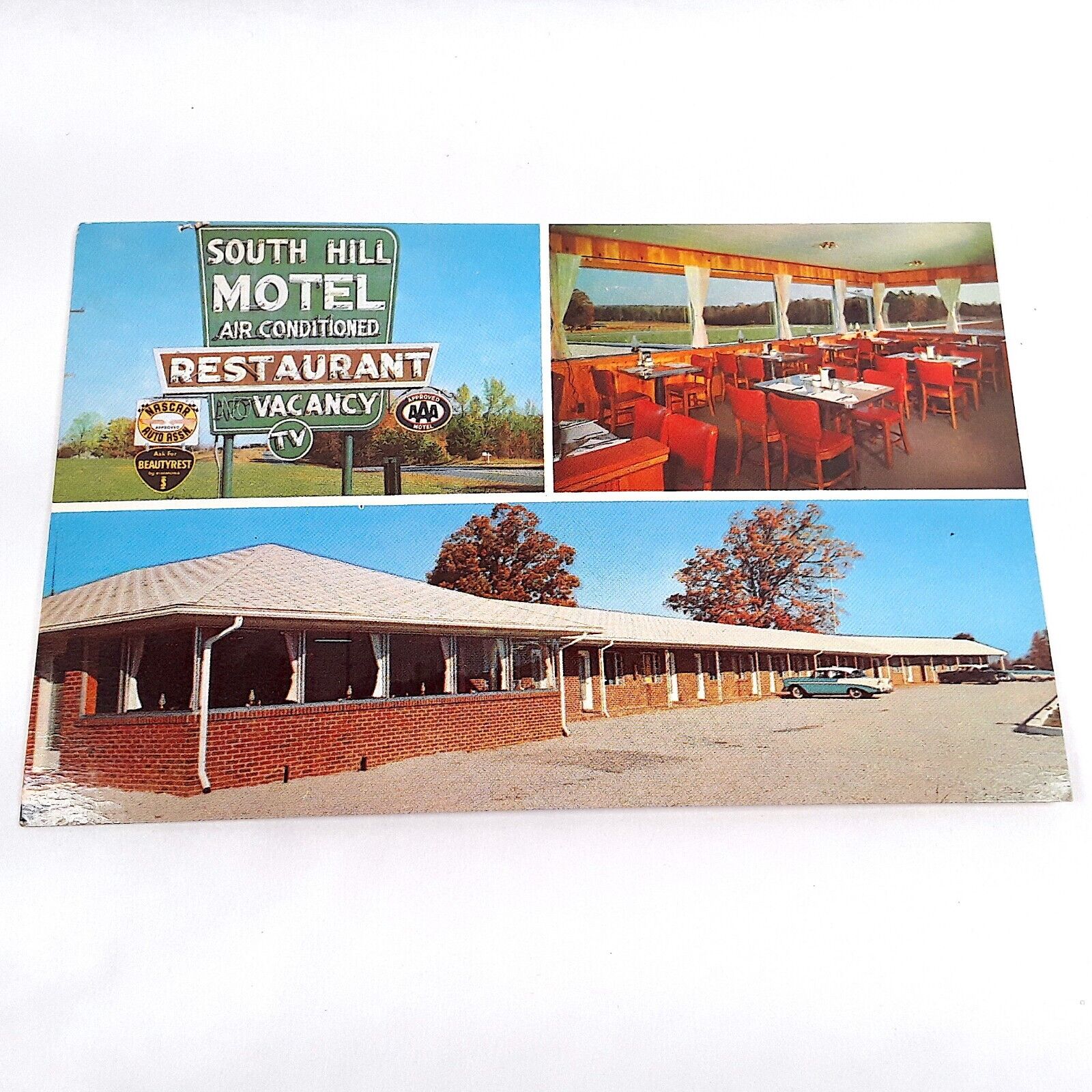 South Hill Motel & Restaurant Virginia 3-Views Postcard Dinning Rm Sign c1958