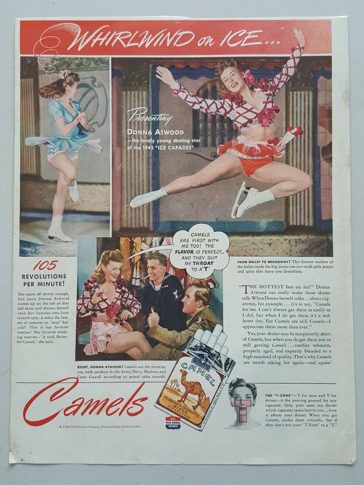 1945 Camel Cigarettes Donna Atwood Ice Skating WW2 Vintage Magazine Print Ad