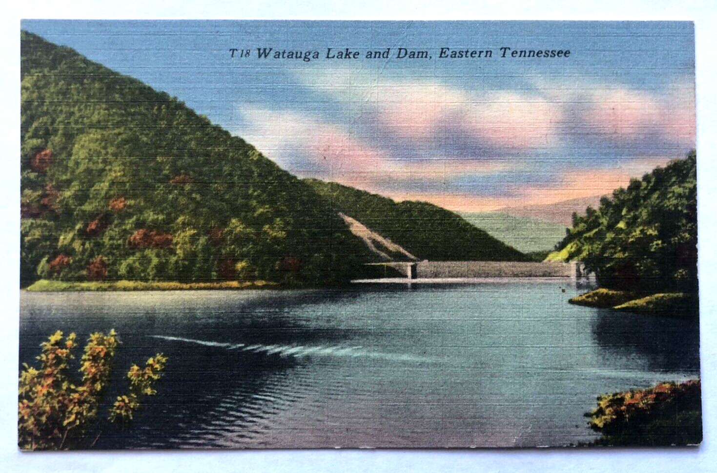 Watauga Lake and Dam Eastern Tennessee TN Mountains Sunset Linen VTG Postcard