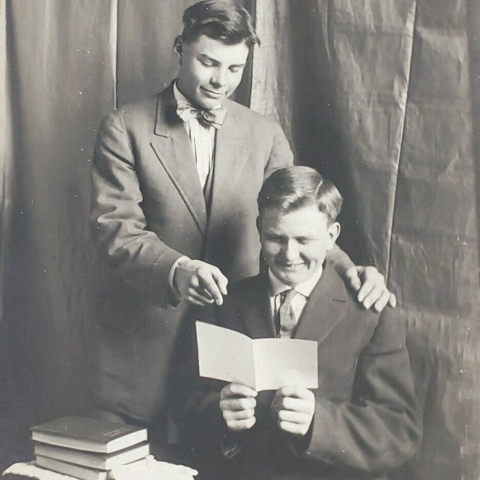 Bowtie Bookwork Boys Reading RPPC Postcard 1920s Real Photo Men Deerfield A2120