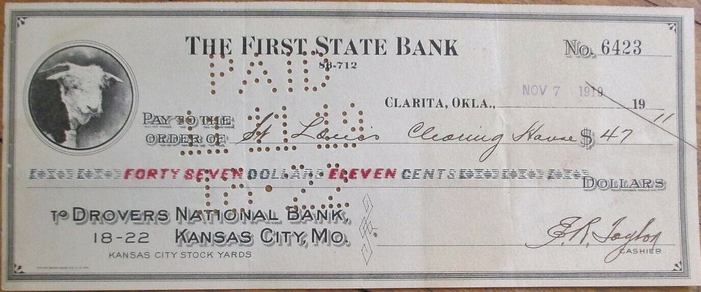Clarita, OK 1919 Check, First State Bank to Drovers National Bank, Cow Vignette