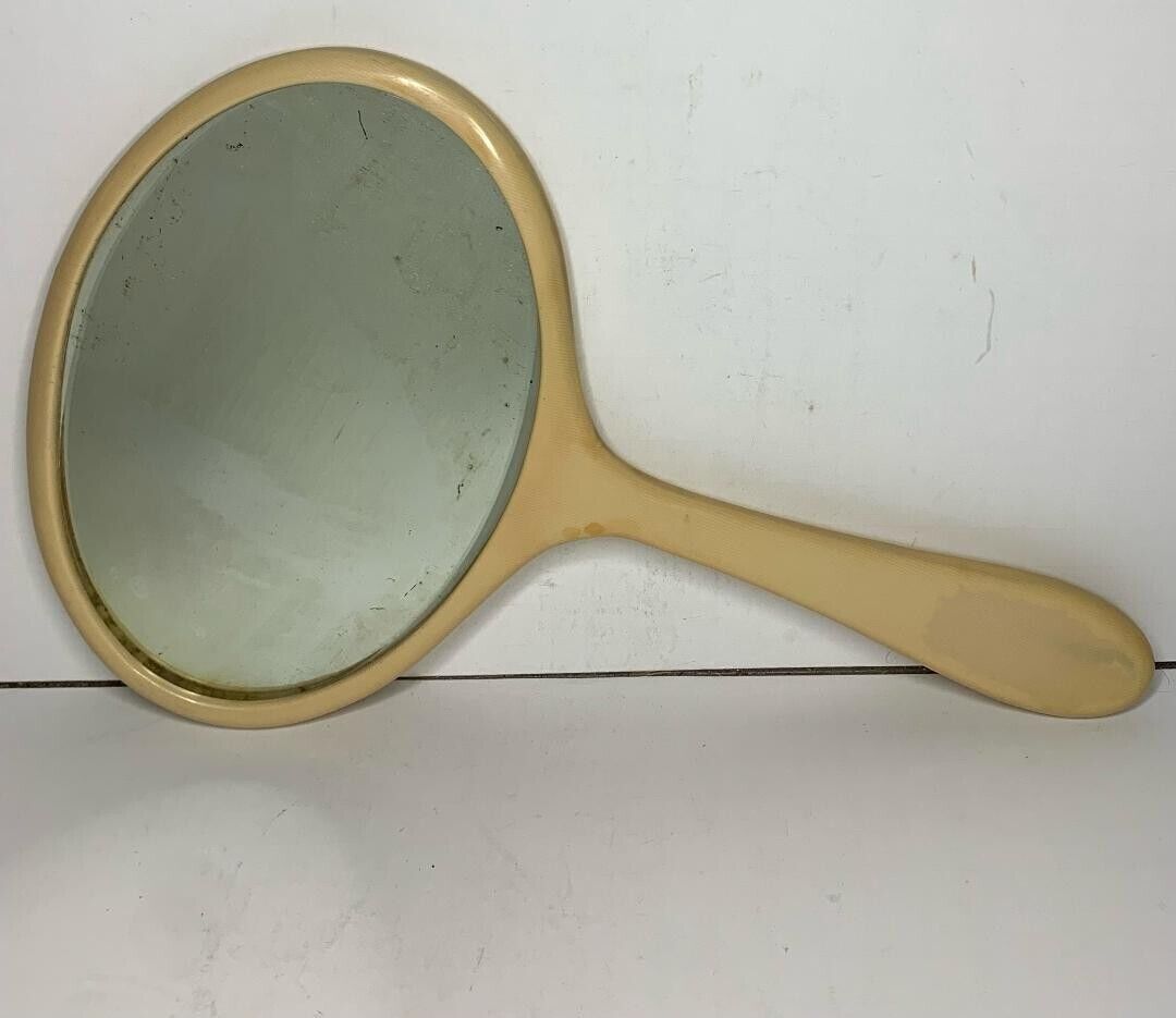 Antique French Ivory Beveled Hand Mirror Original Vintage Bakelite Celluloid Lrg