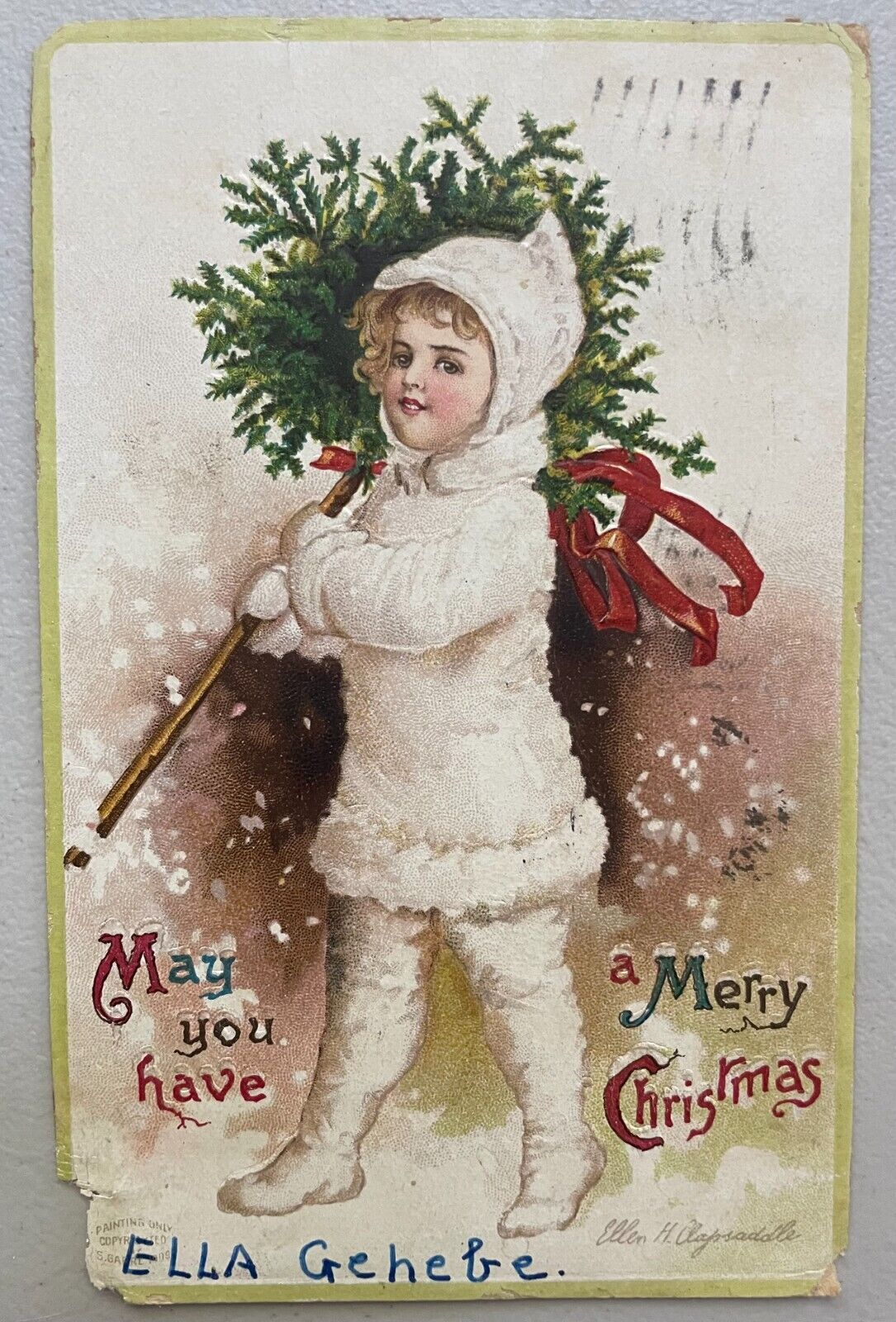 ELLEN CLAPSADDLE CHRISTMAS POSTCARD Victorian girl carrying Christmas tree