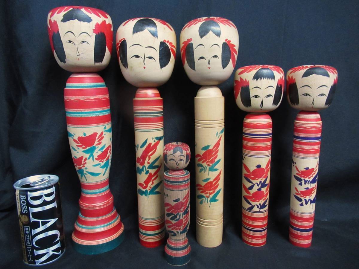 Traditional Kokeshi dolls, set of 6, height approx. 32cm, made by Hiraga Kenjiro