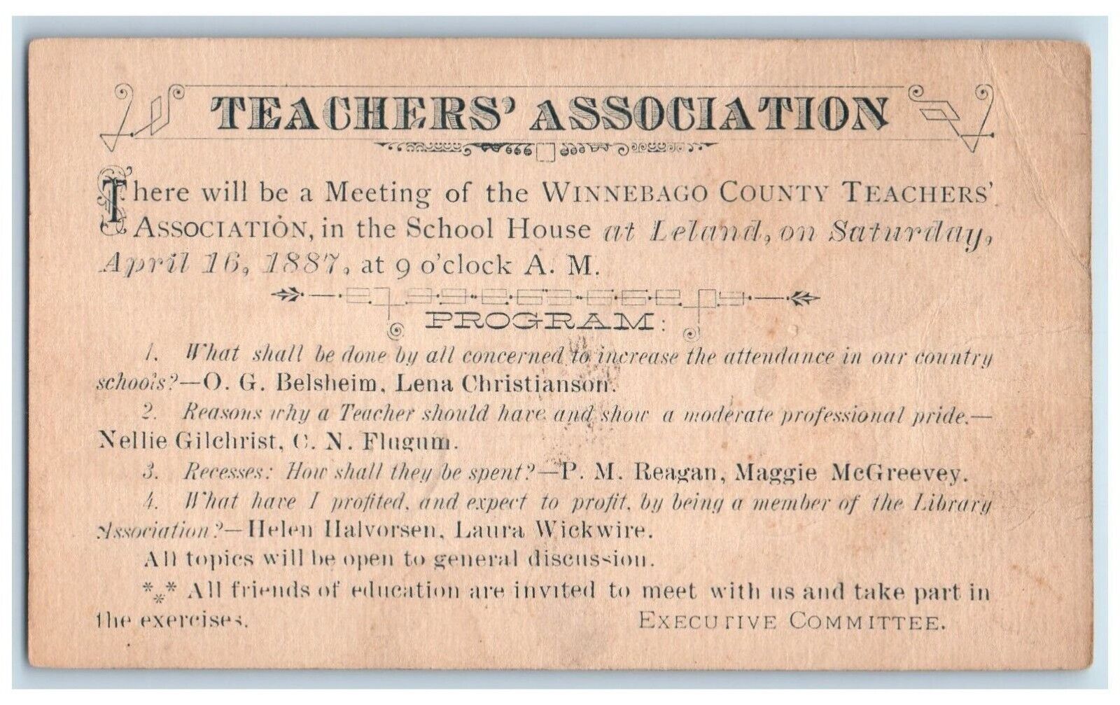 c1880\'s Winnebago County Teachers Meeting Leland Lake Mills Iowa IA Postal Card
