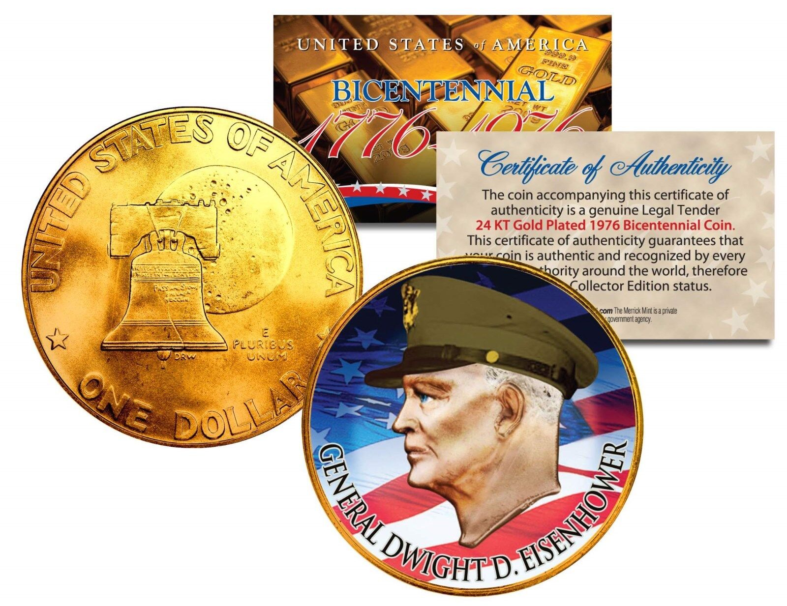 GENERAL DWIGHT D EISENHOWER Colorized 1976 IKE Dollar U.S. Coin Gold Plated ARMY