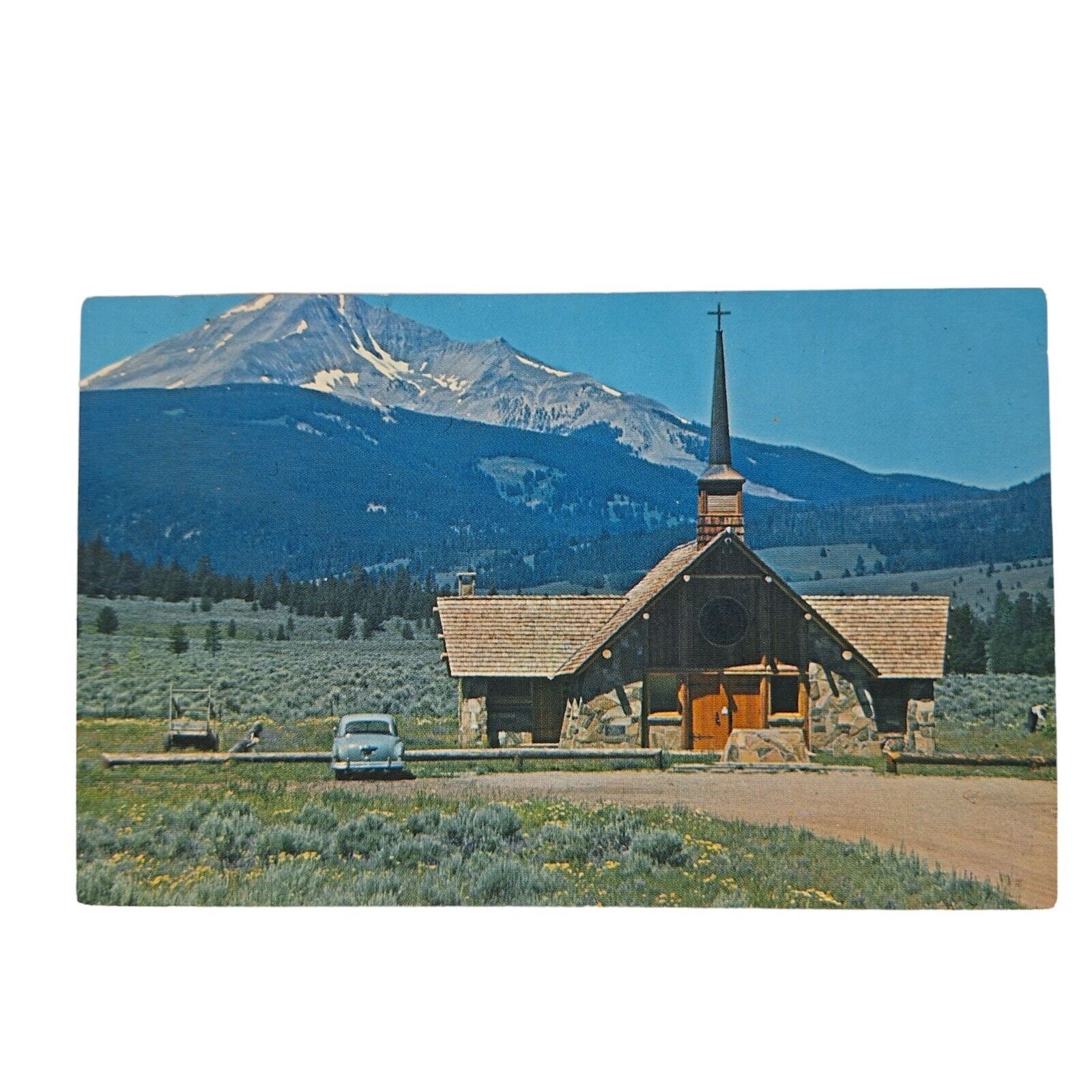 Postcard Soldier\'s Memorial Chapel Lone Mountain Gallatin Canyon Montana Chrome