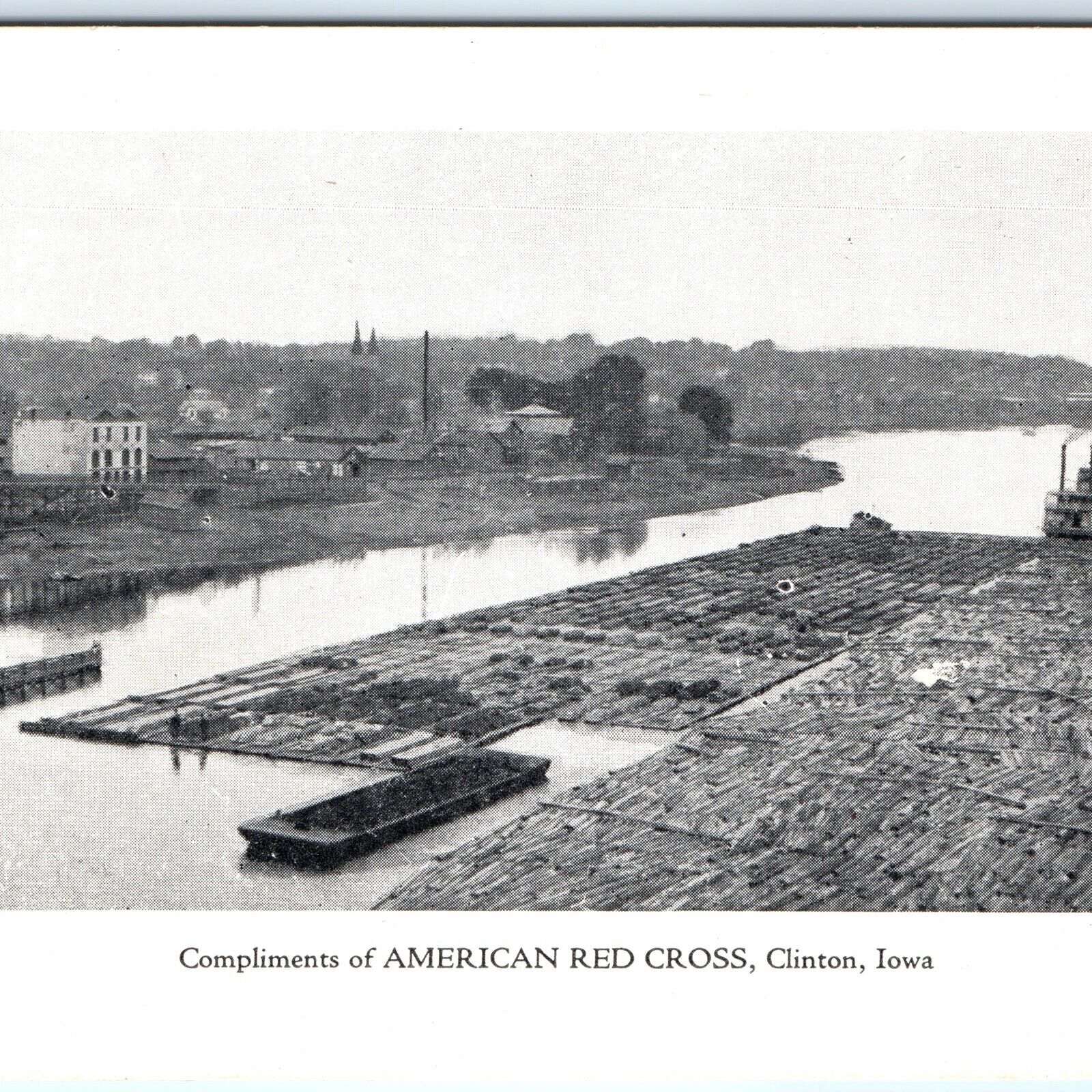 c1910s Clinton IA American Red Cross Mississippi Barge Pushing Logs Postcard A88
