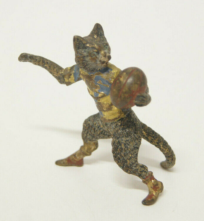 Rare Austrian Vienna Vintage Bronze Cat Playing Rugby Sports Sculpture Figurine