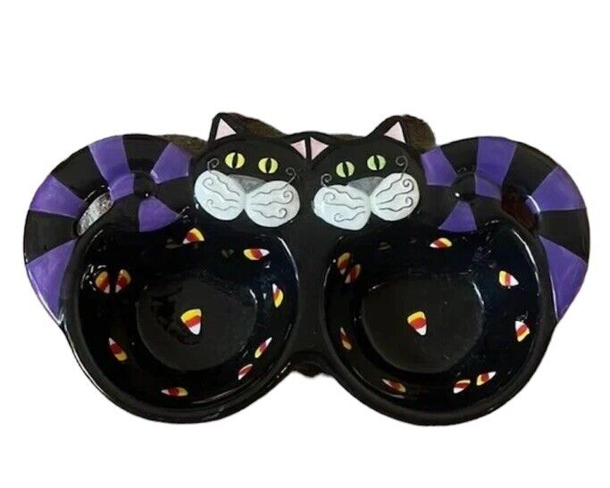 Halloween Black Cat Dish By GANZ Candy Corn Bowls Purple Stripe Tails Green Eyes