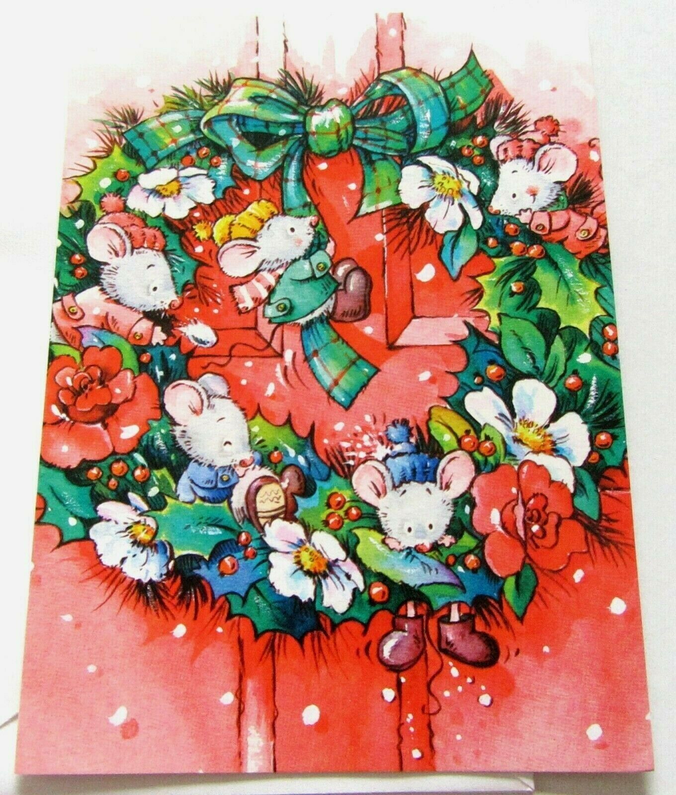 Unused Christmas Card Cute Mice Dressed for Winter Playing on Wreath on Door