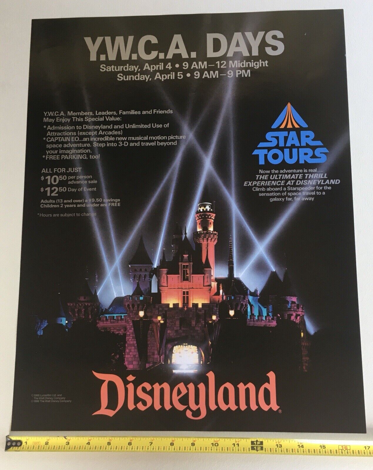 Rare 1986 Y.W.C.A. Party at Disneyland Poster-Star Tour/ Captain EO Opening Year