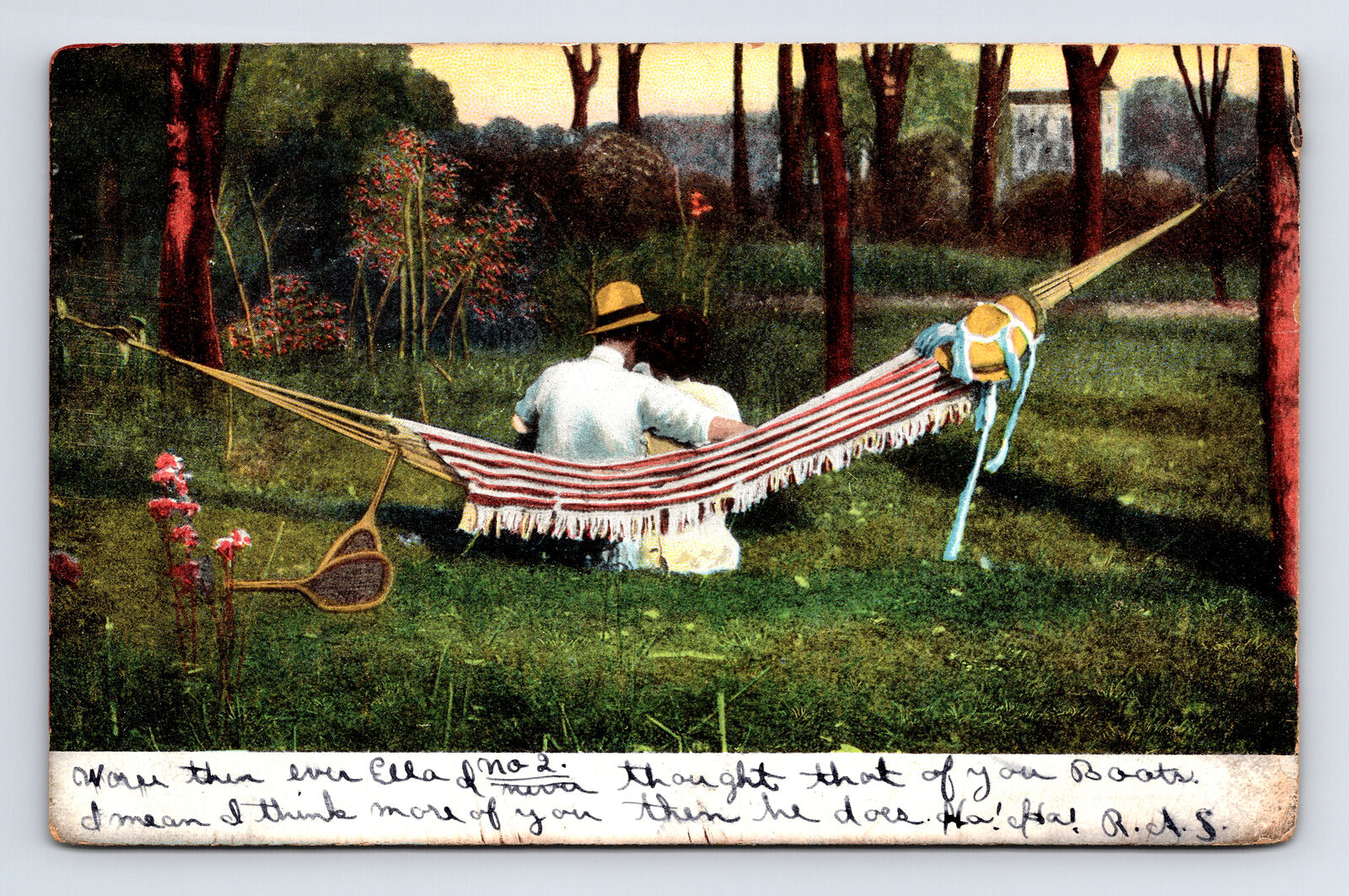 c1906 Victorian Romance Couple On Hammock After Tennis UDB Postcard