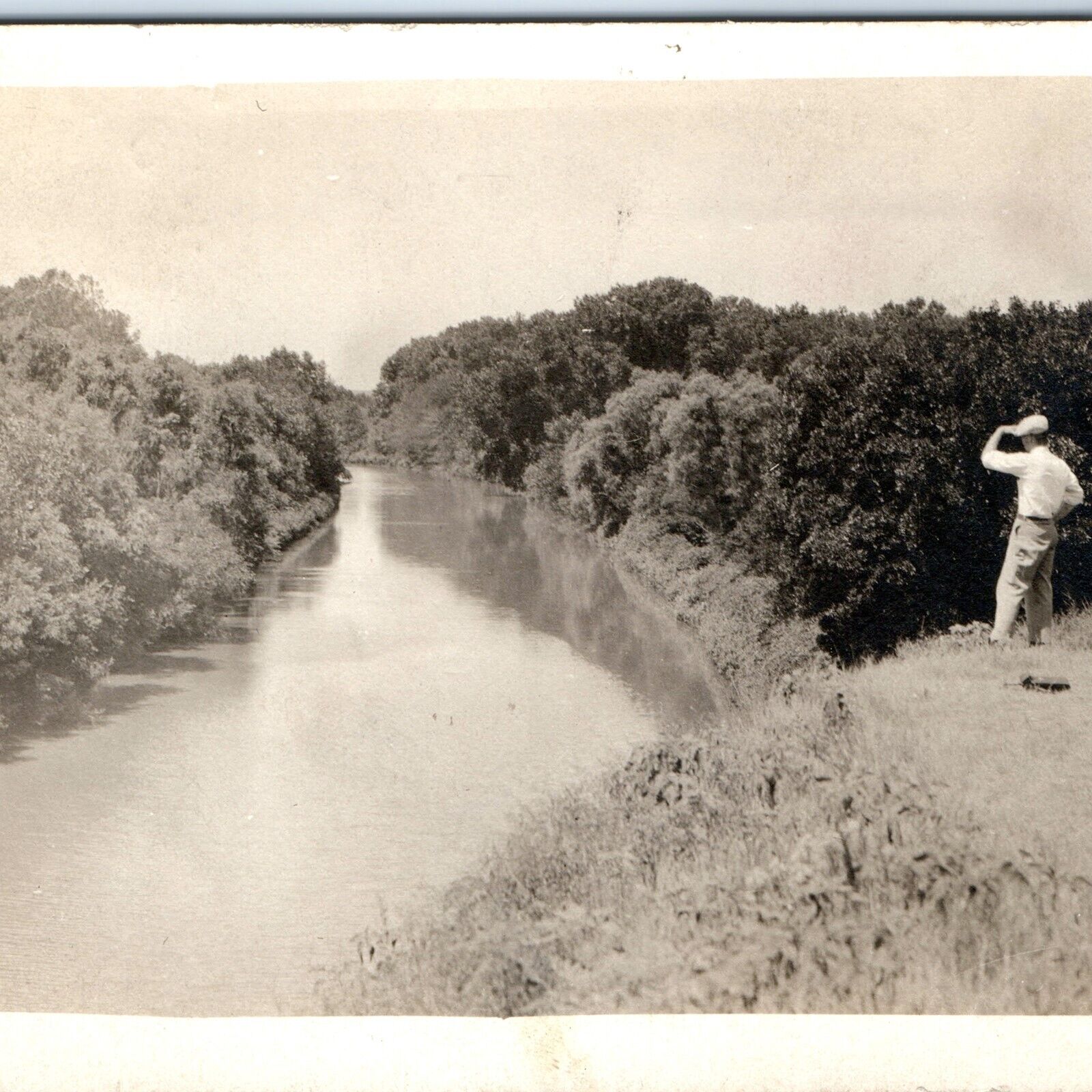 c1910s Man Overlooking Creek RPPC Ord, Neb. Real Photo Postcard Salute River A93