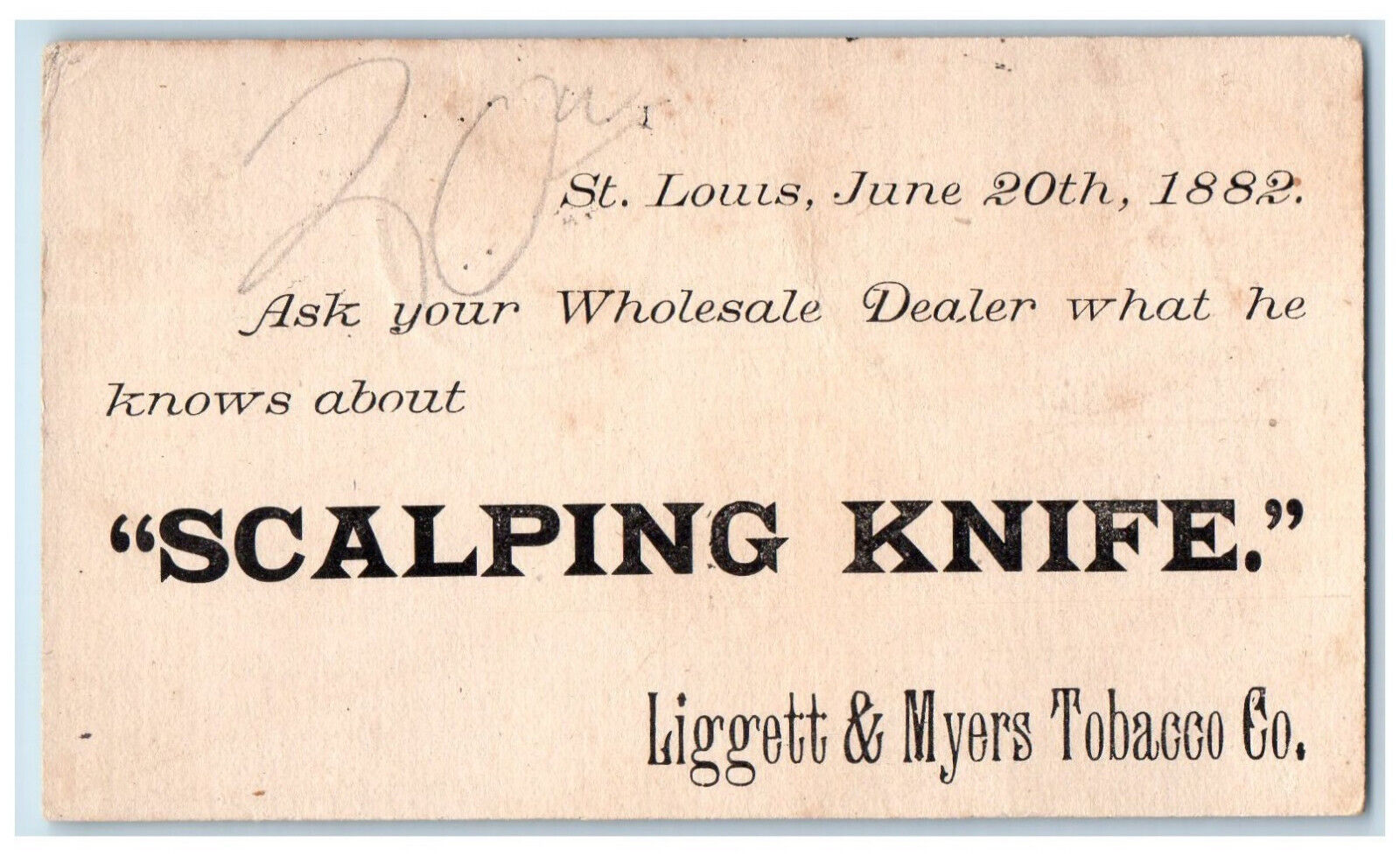 1882 Scalping Knife Liggett & Meyers Tobacco Co. St. Louis MO Postal Card