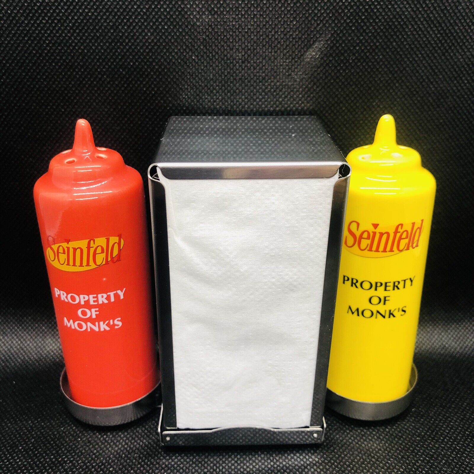 Seinfeld Property Of Monk\'s Ceramic Salt & Pepper Shakers & Napkin Dispenser Set