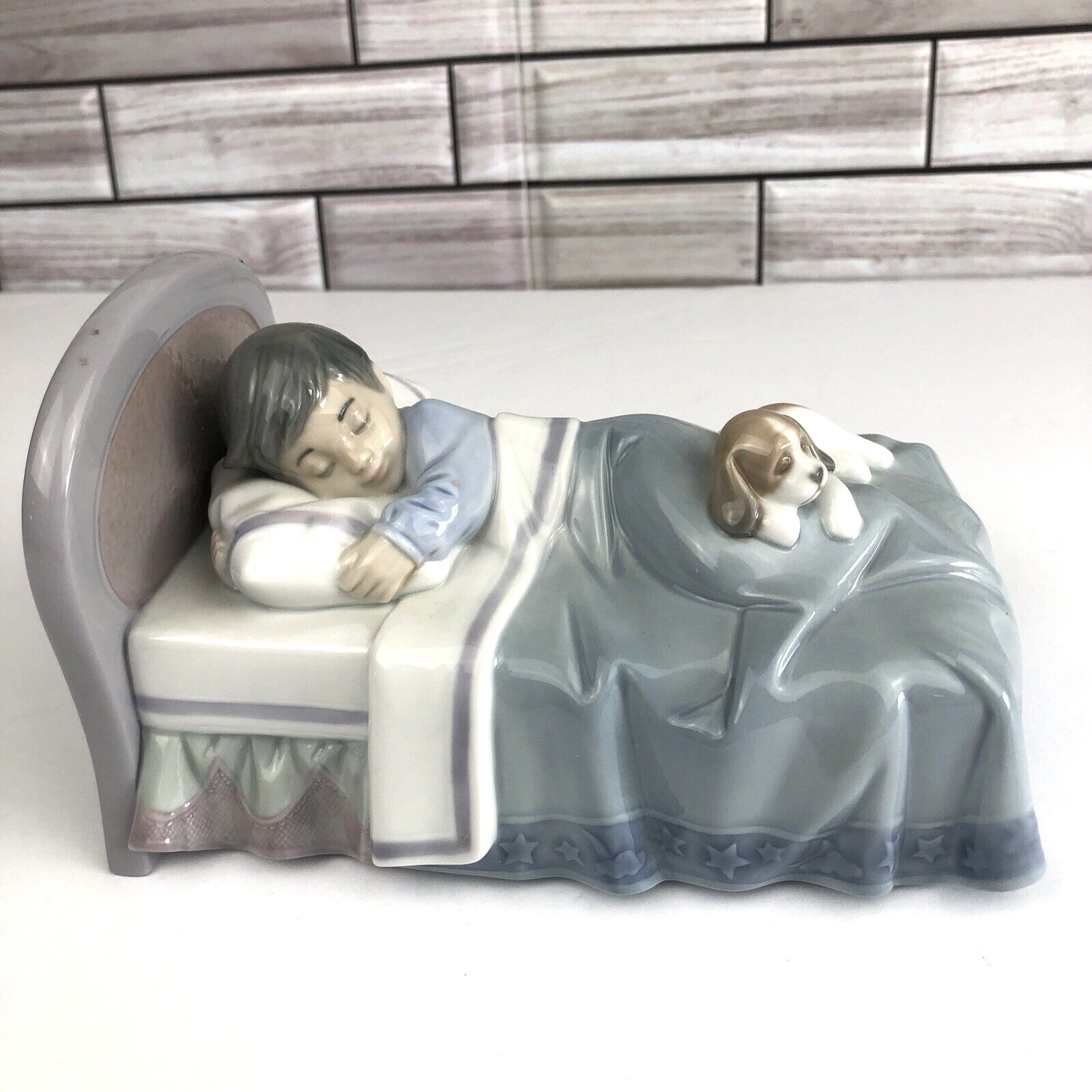 Lladro 6541 Bedtime Buddies Boy in Bed with Puppy Figurine Spain Sentimental