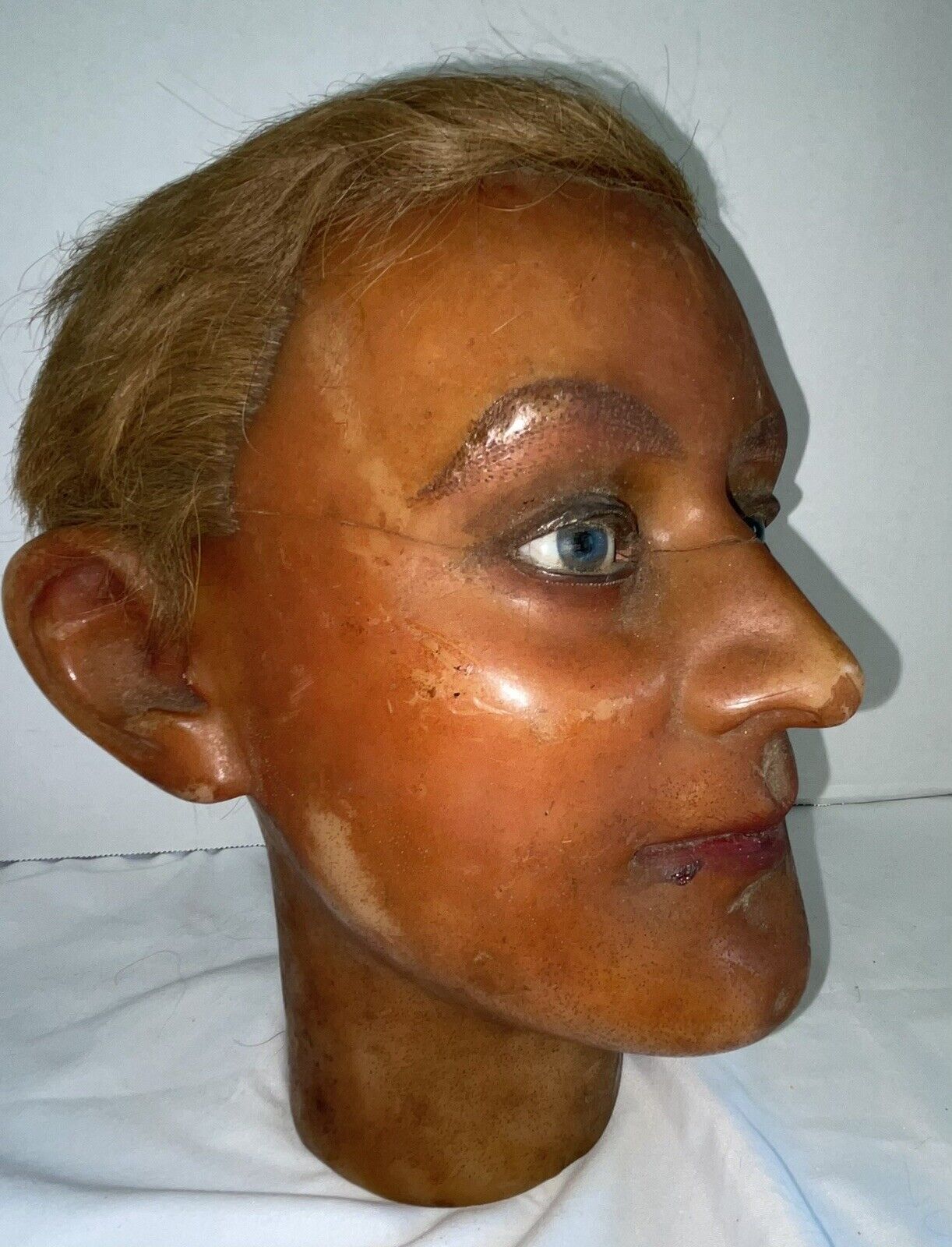 FAB Large, ANTIQUE Lifesize WAX MANNEQUIN HEAD Inset Human Hair, Glass Eyes