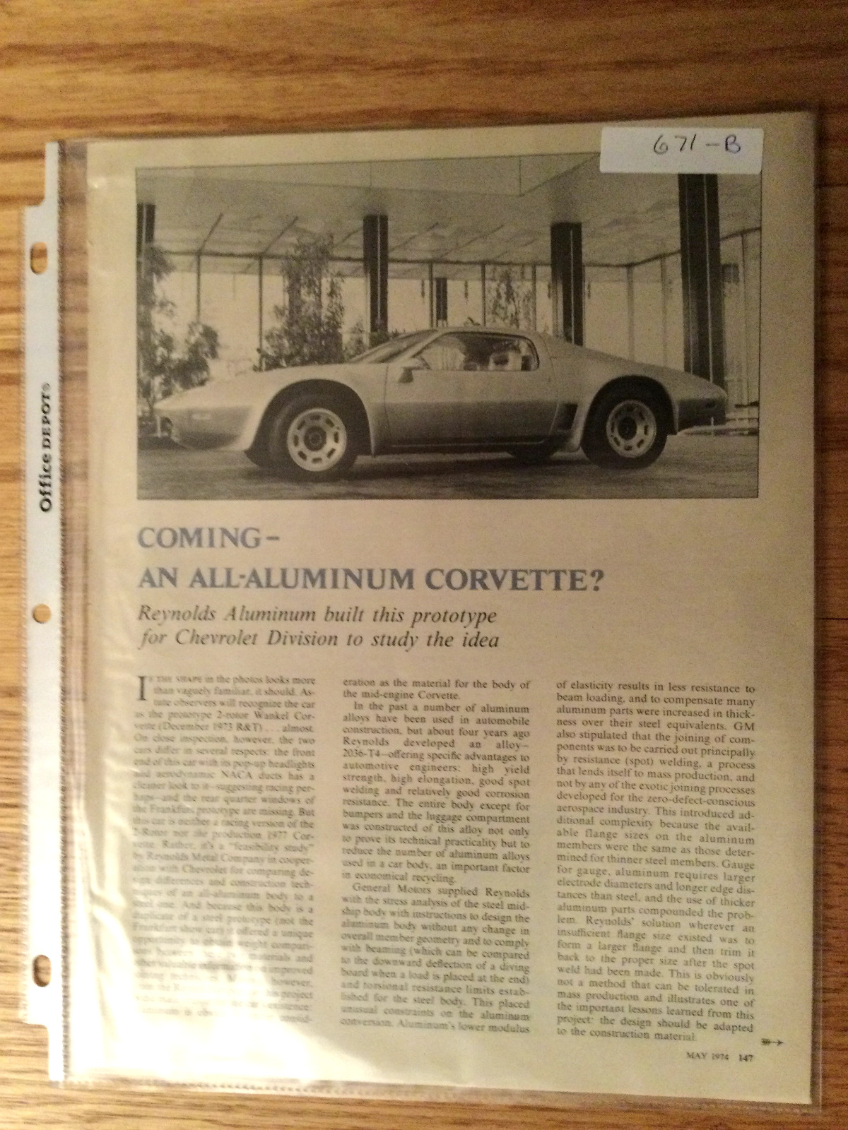 MISC671B Article Corvette Coming An All Aluminum Corvette?? Prototype 5/1974 2pg