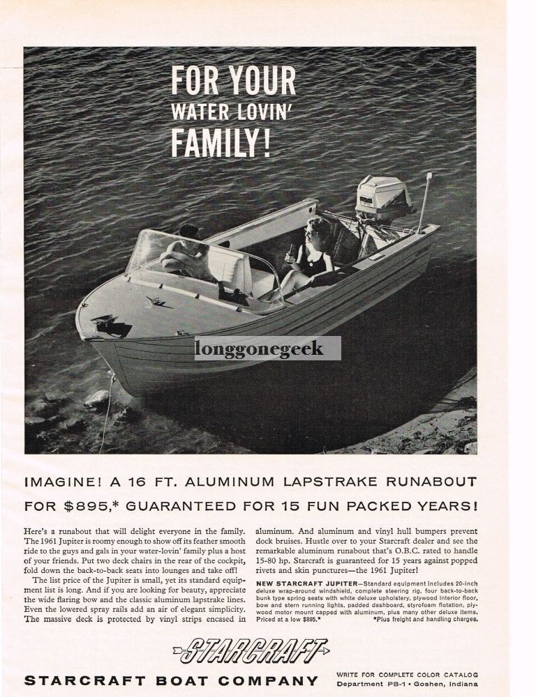1961 STARCRAFT Jupiter 16\' Lapstrake Runabout Boat Vintage Print Ad