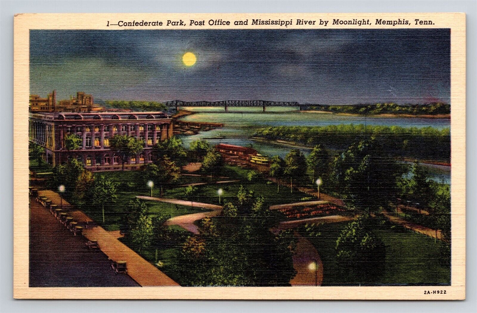 Memphis TN Confederate Park Post Office & Mississippi River Night View Postcard