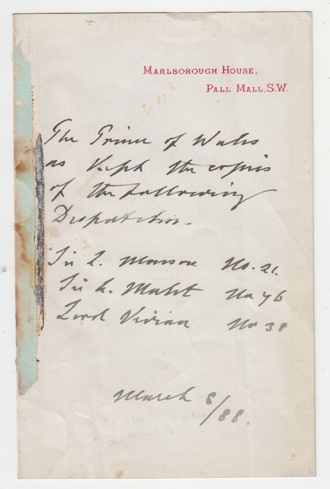 King Edward VII as Prince of Wales, 1888 3rd person autograph letter