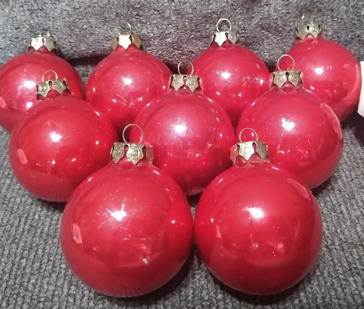 Vintage Christmas Ornaments set of 9 Mercury Glass Balls Red with Gold Caps 