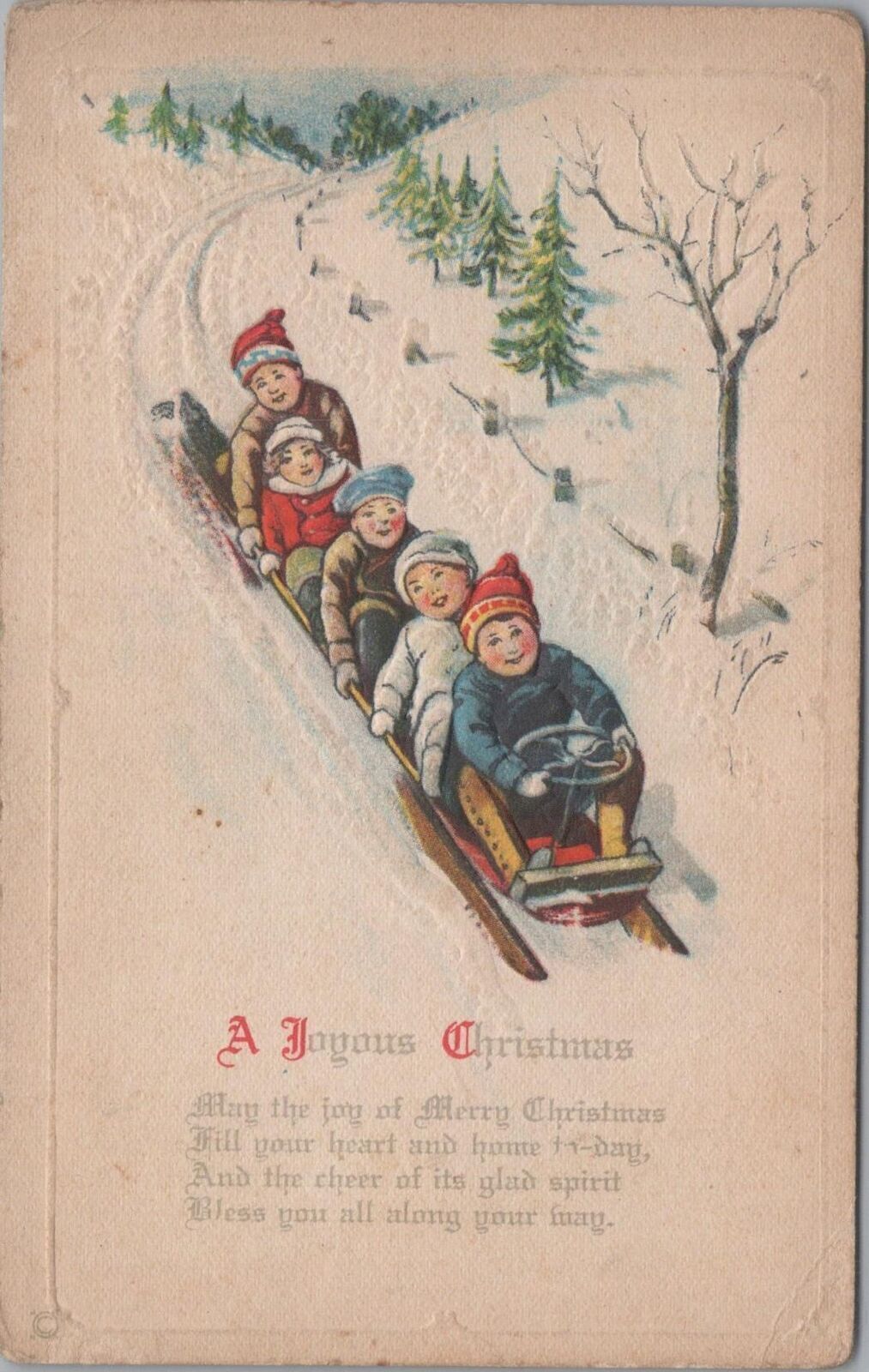 Postcard A Joyous Christmas Kids Sleeping Down Hill