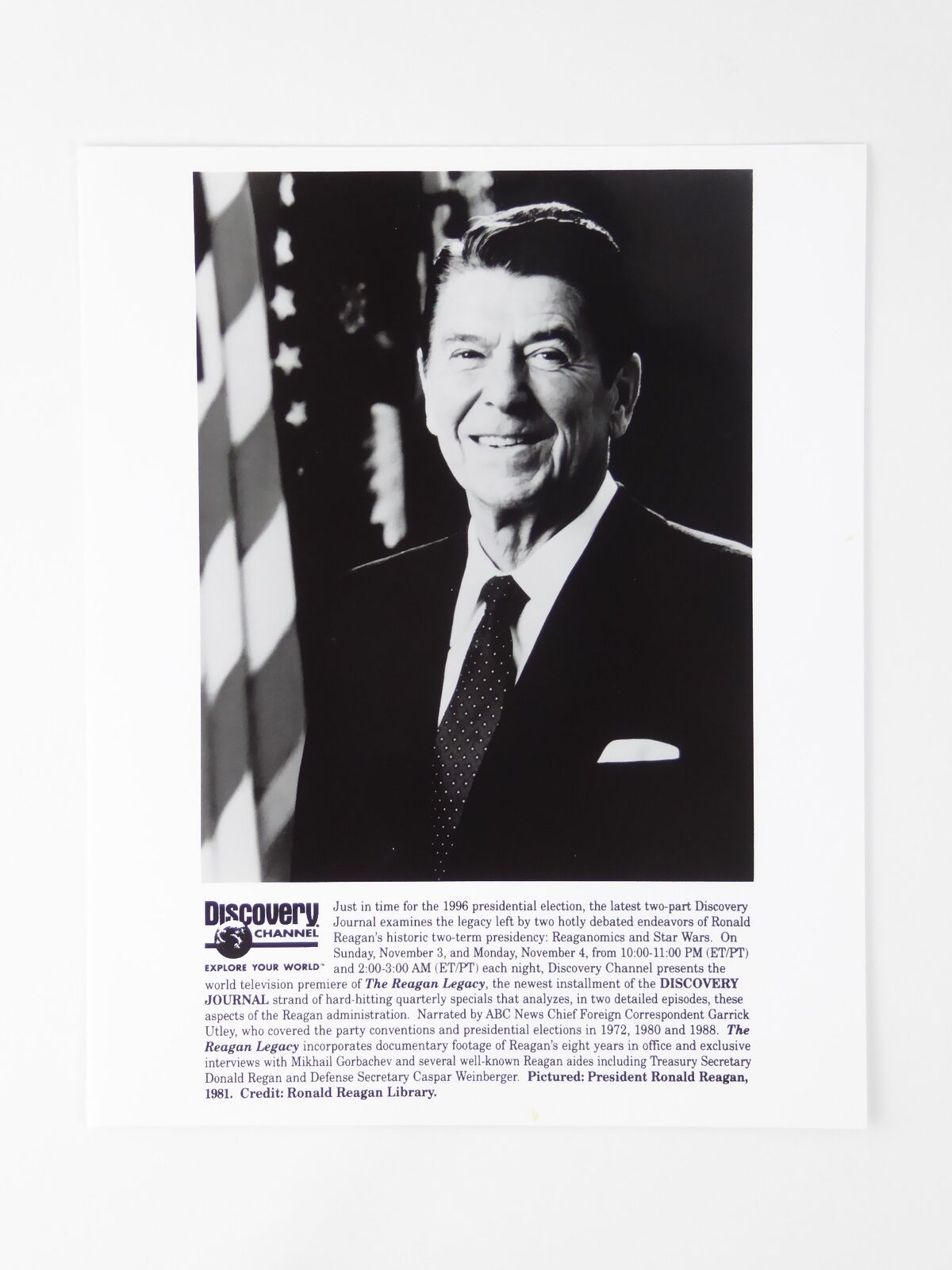 Ronald Reagan Legacy Discovery Channel 1996 8x10 Photo, 2 Negatives, Press Kit