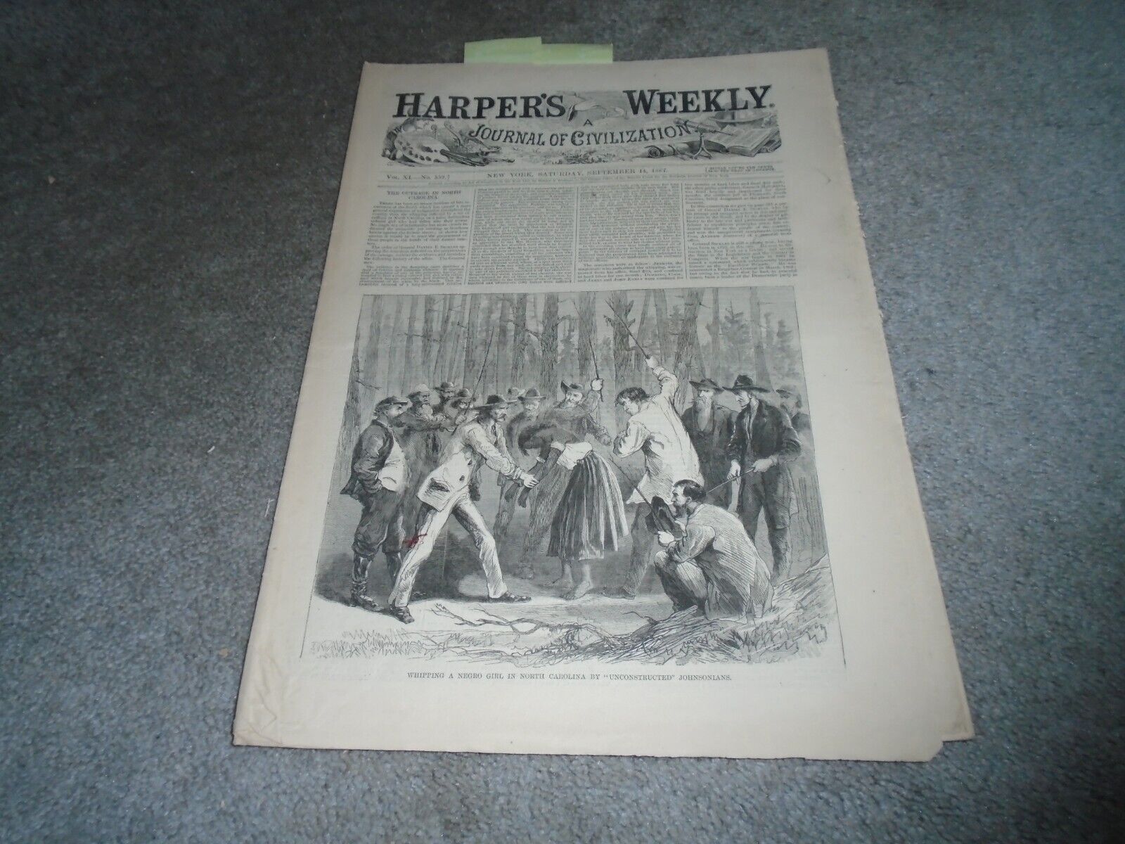 Harper\'s Weekly September 14, 1867 Sheridan\'s Ride, Whipping Negro Girl