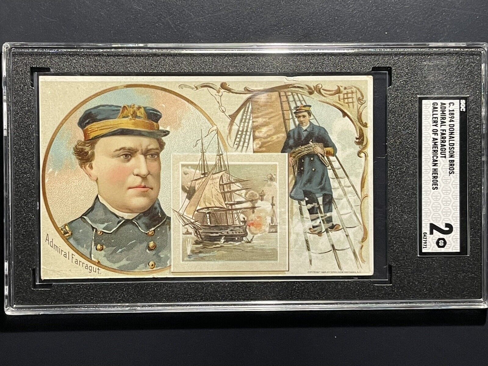 1894 American Heroes￼ - FARRAGUT, ￼SGC 2 Donaldson - Clark’s Thread Trade Card