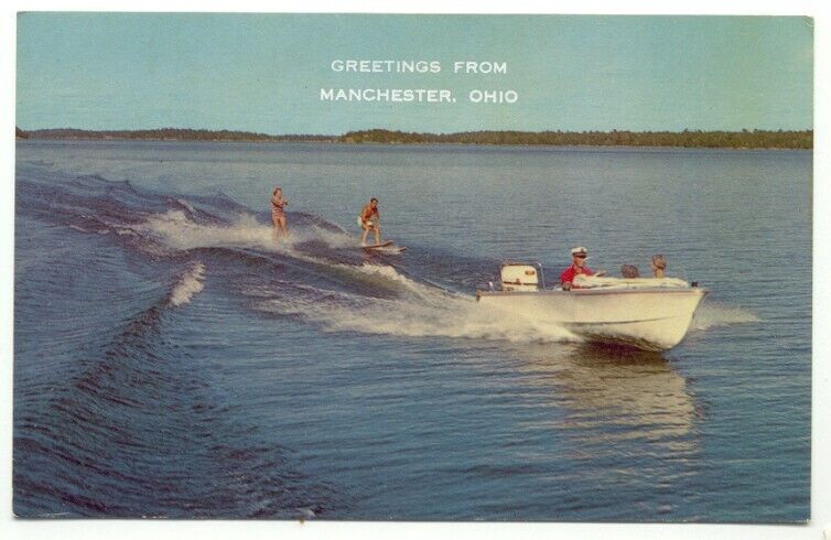 Manchester OH Ohio Greetings Vintage Boat Waterskiing Postcard