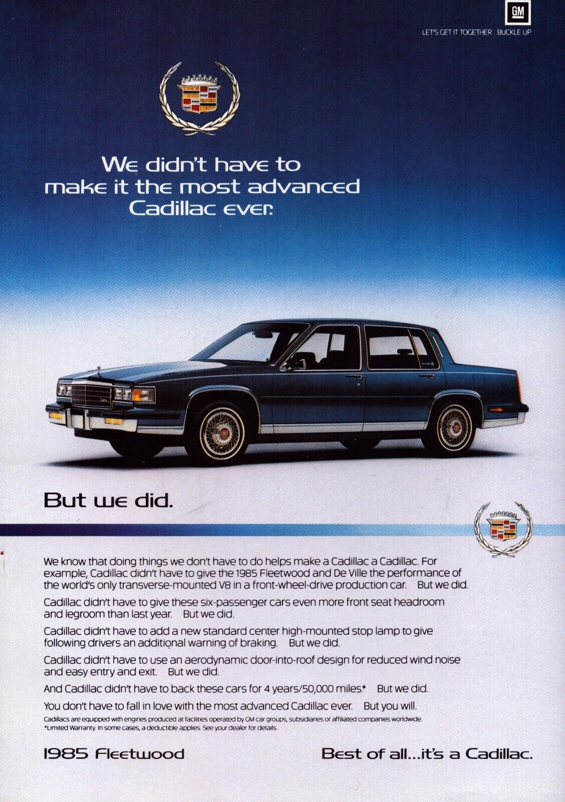 Cadillac 1985 Fleetwood Blue Car Most Advanced Ever Vintage Print Ad 1984