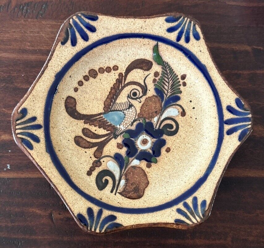 Vintage Tonala Mexican Folk Art Pottery Wall Plate Bird Flowers; Signed 7”
