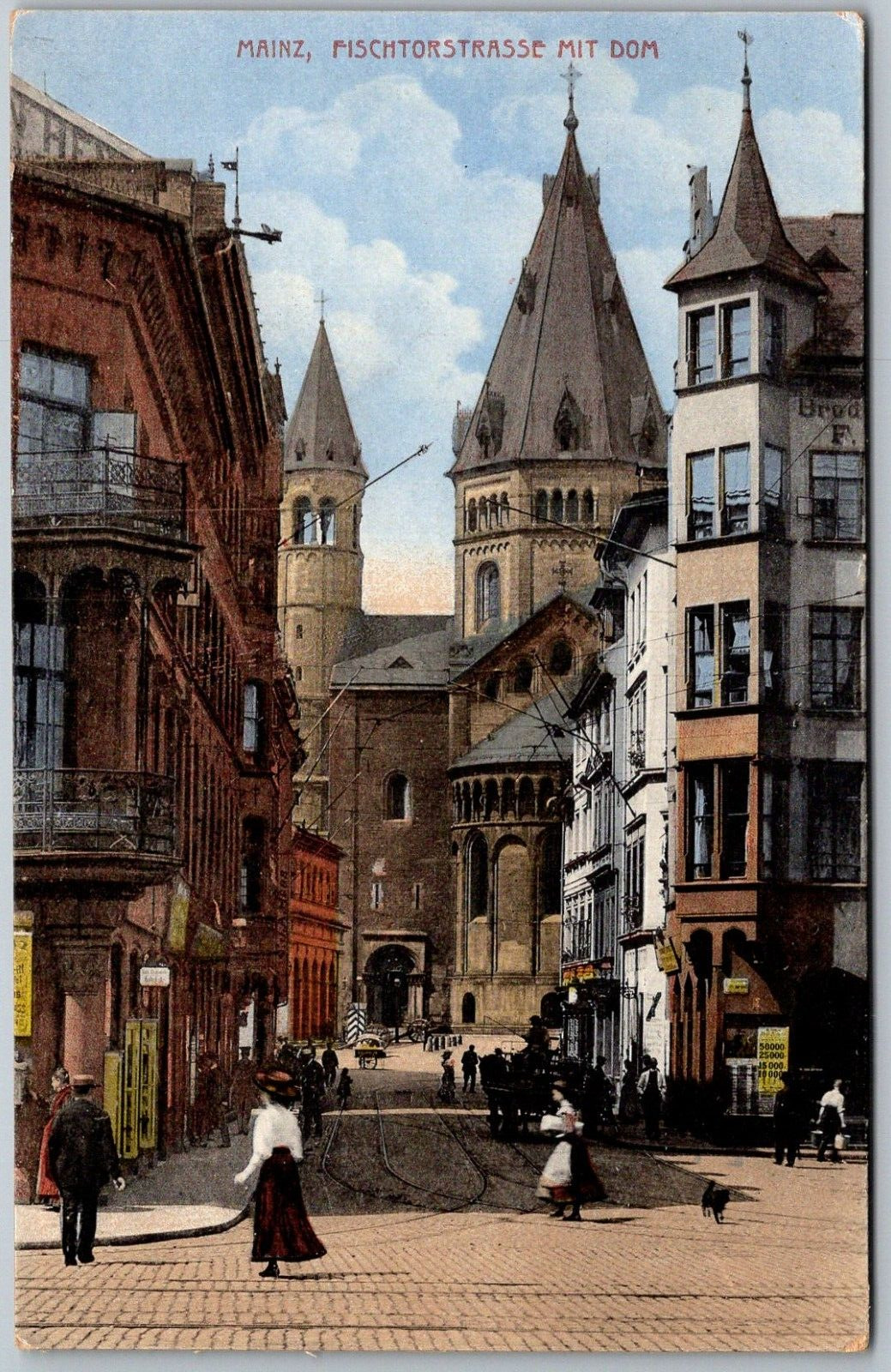 Mainz Germany c1910 Postcard Fischtorstrasse Mit Dom Street Scene
